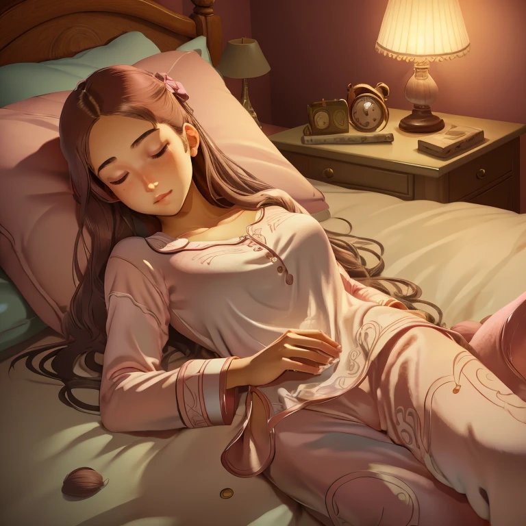 (realistic, best quality) A peaceful bedroom scene with a sleeping girl in her late twenties. Her long brown hair cascades over the pillow as she peacefully rests. She is dressed in pink pajamas, wearing long pants. The room is softly lit, creating a soothing and relaxing atmosphere. The high-resolution image captures every detail, from the intricate design of the pajamas to the individual strands of hair. The colors are vivid, enhancing the overall realism of the scene. The focus is sharp, allowing for a clear view of the girl's face. The lighting is carefully set to replicate the warm, cozy ambiance of a real bedroom.