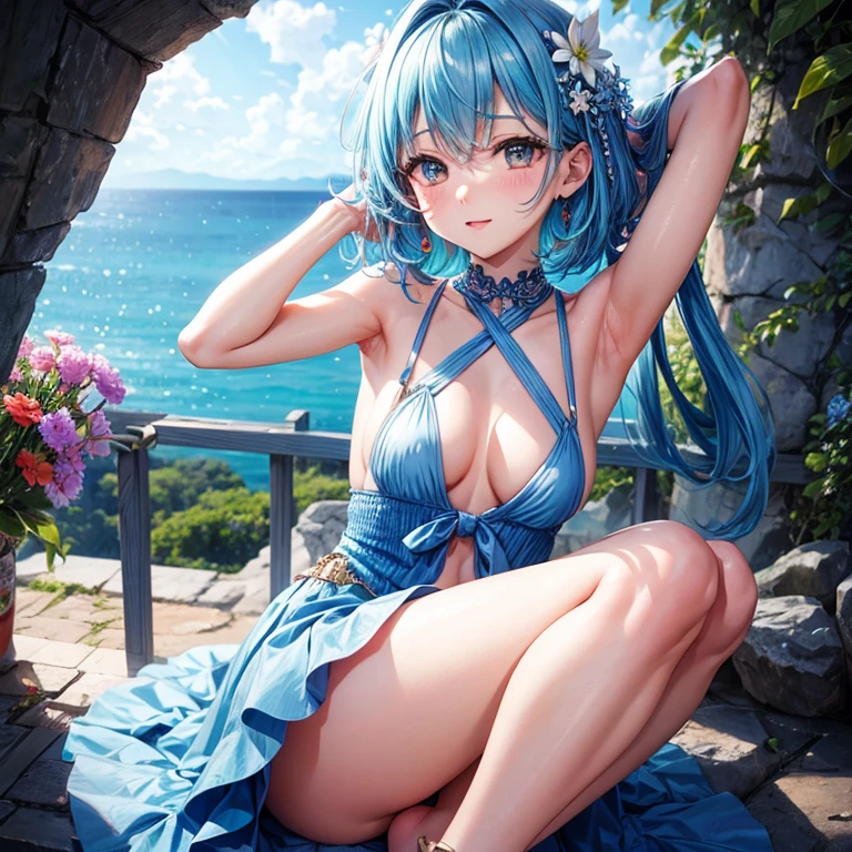 Legs open、fullnude、small tits、Poor breasts、Hands behind the head、girl with、1人、Raise your upper arms behind your head、Show off your armpits、Beautiful arms、Beautiful legs and beautiful 、Light blue hair color、Shorthair、Close your eyes、opening legs、Beautiful、