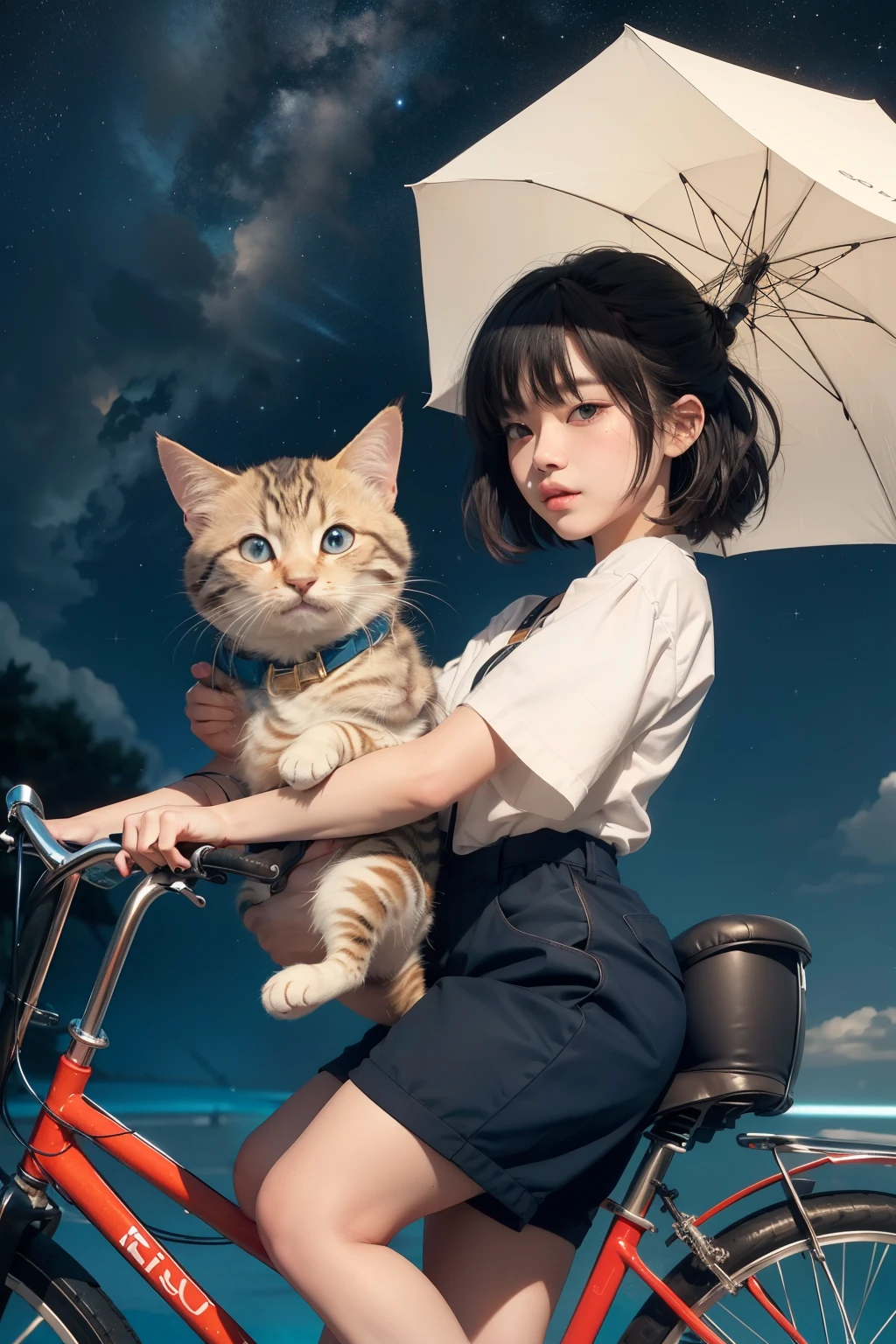 ultra detailed digital art, style of Hayao Miyazaki, full-length close-up, Cute funny kitten, rides down the street on a bicycle, colorful anime style, set against a backdrop of Van Gogh-inspired starry sky, billowing clouds, elements of cute yet mysteriously details on a texture resembling cracked paper, all combined in a cinematic, ultra highly detailed mail