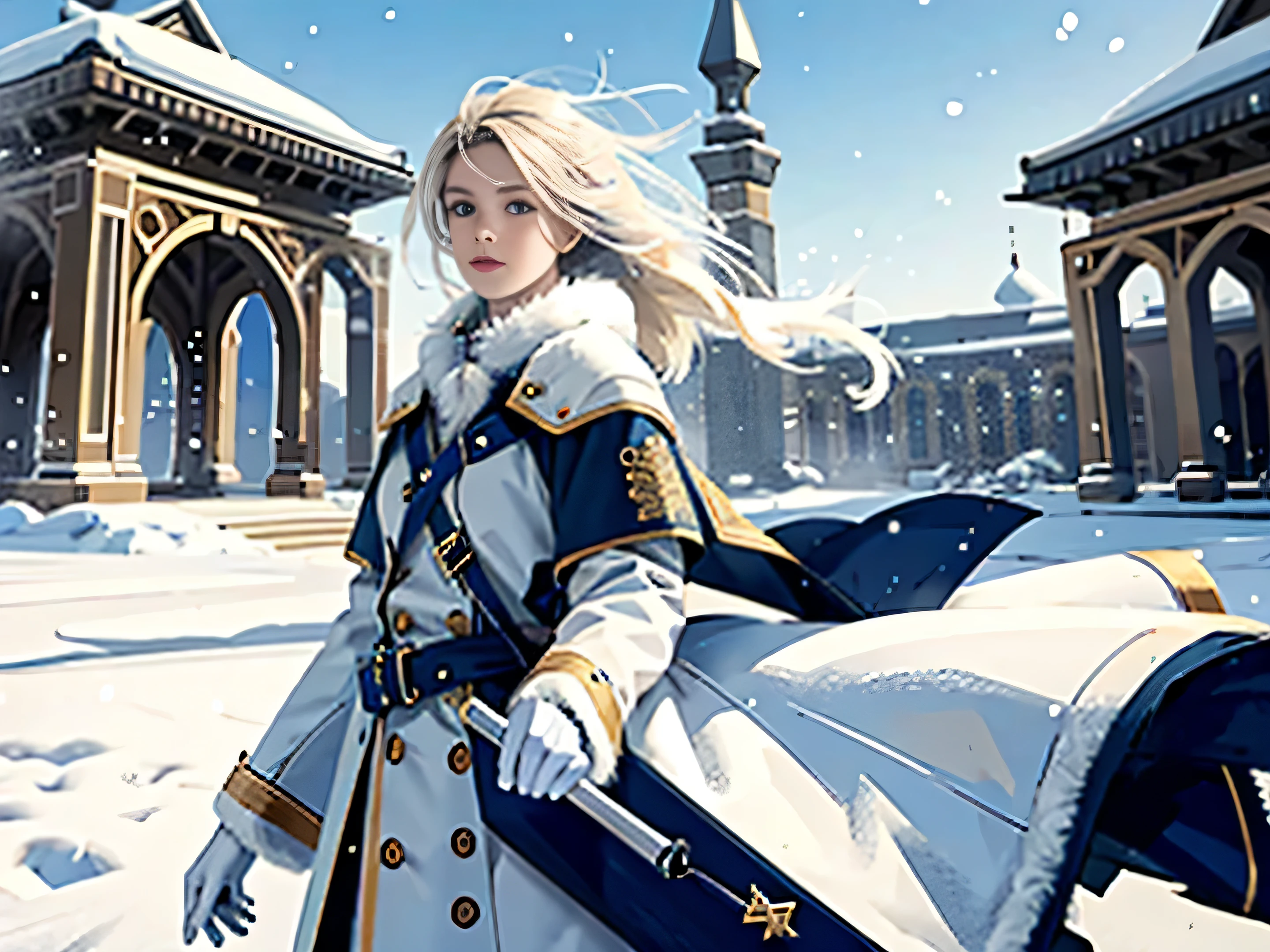 (highest resolution, distinct_image) Best quality, single person, one girl, solo, masterpiece, highly detailed, realistic, braided white blond hair, bangs, 18 years old, blue military uniform, depth of field, outdoor background, falling snowflakes. gentle, authoritative, powerful, exquisite facial features, fur trimmed white coat, open coat, looking at viewer, head to waist, in front of a monumental building, sharp chin