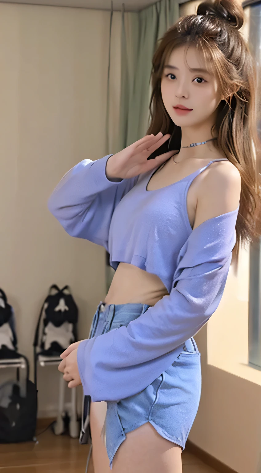 Best quality, 超高分辨率, Masterpiece, (Photorealistic:1.4), solofocus, (lean fit young woman:1.3), Photography, (Medium wide-angle lens short legs:1.3), Three-quarters view pose, (Cinematic lighting:1.2), vibrant, vivd colour, Detailed face, Detailed eyes, Random hairstyle, (off-the-shoulder shirts, Mini skirt:1.2), (random place, Random season, Random weather:1.1)