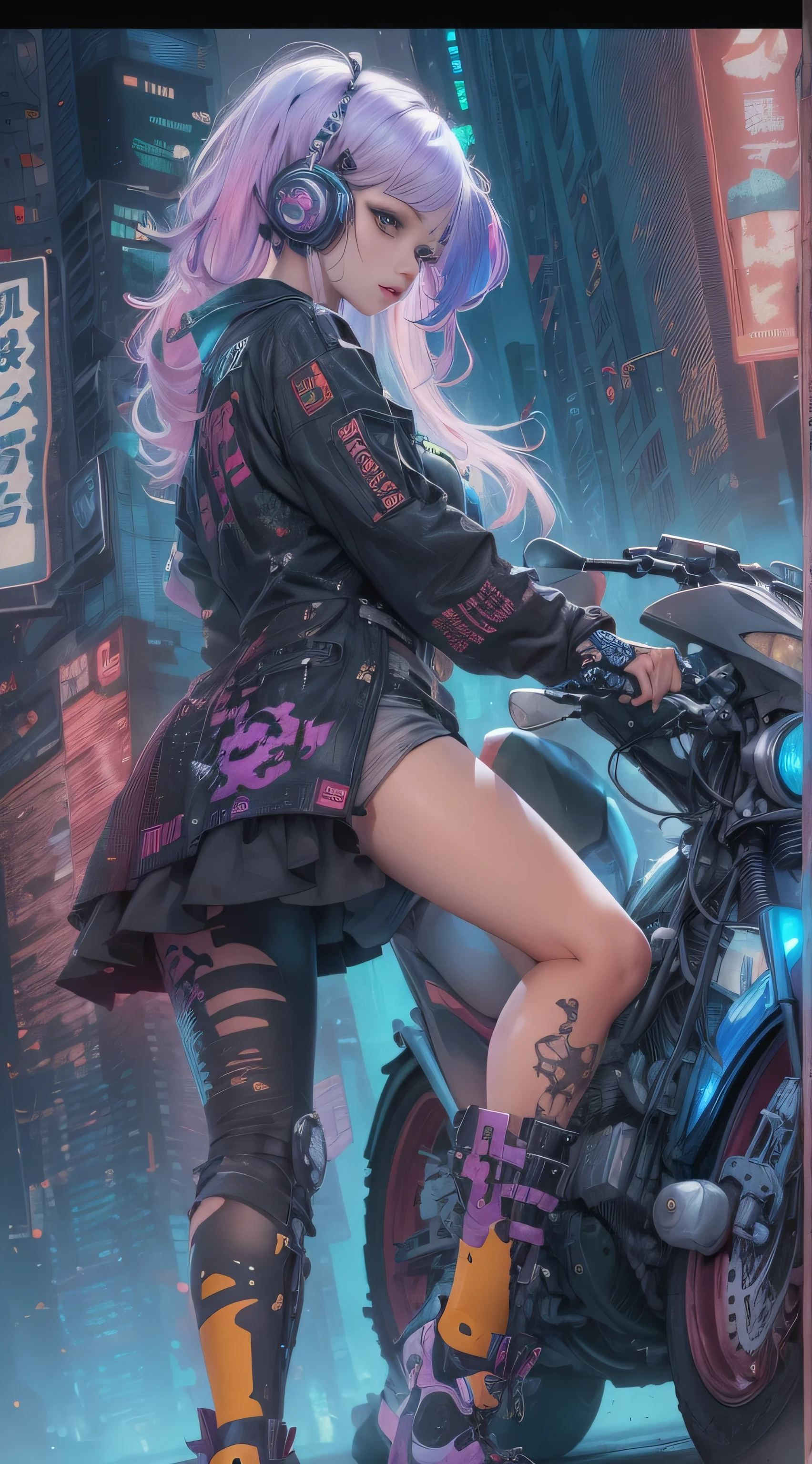 tmasterpiece, Best quality, 1 Cyberpunk Girl, fully body photo, Stand in front of the motorcycle, looking at viewert, Confident cyberpunk girl,fashion expression, Harajuku-style fashionable clothing, Bold colors and patterns, eye-catching accessories, Stylish and innovative hairstyle, Vibrant makeup, Cyberpunk's dazzling cityscape, skyscrapper, neonlight, LED lights, Bright and vivid color scheme, Japanese cartoons, illuminations, Detailed skin texture, Fabric texture is delicate, beautiful detailed face, Complicated details, ultra - detailed.