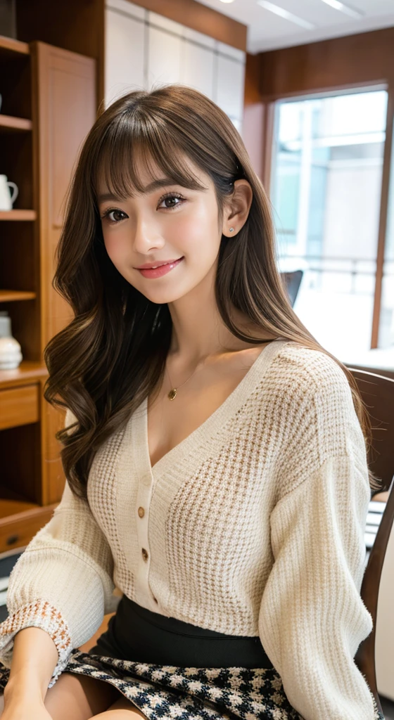 8K raw photos、hight resolution、masutepiece、a beauty girl、1girll、24 instars、a japanese girl、Breast D cup、plump contours、idol、Natural makeup、beautiful eyes finely detailed、long eyelasher、beautiful double eyelid、Slender eyes、elongated eye shape、Sanpakugan beautiful and thin legal thin thighs、Long、Brown hair、Wavy Hair、A smile、Sheer white long-sleeved blouse、valley、Cute houndstooth miniskirt、medium shot、Sitting on a chair in a fashionable cafe in Tokyo、during daytime、With bangs、Highly detailed facial and skin texture、A detailed eye、I have a small mole under my eye、There is a mug with a latte on the desk.
