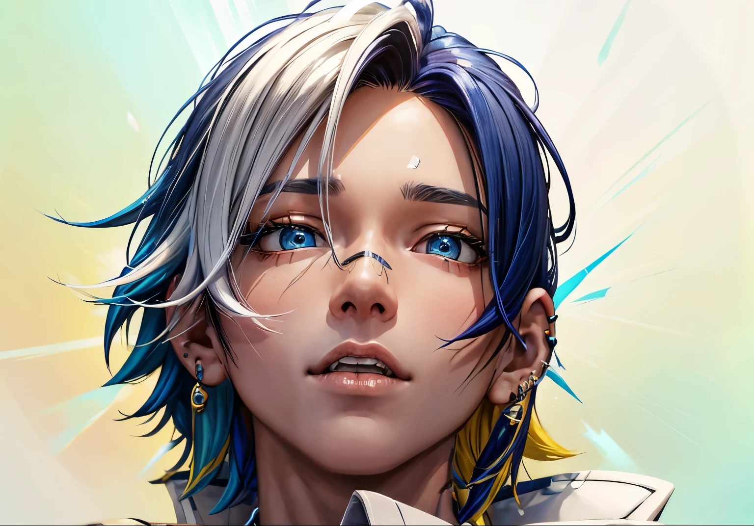 boy, 20 years old, blue and yellow split hair, white streak, white overcoat, ear piercings, crazy, white skin, eyes coming out cyan rays, aura of cyan rays around