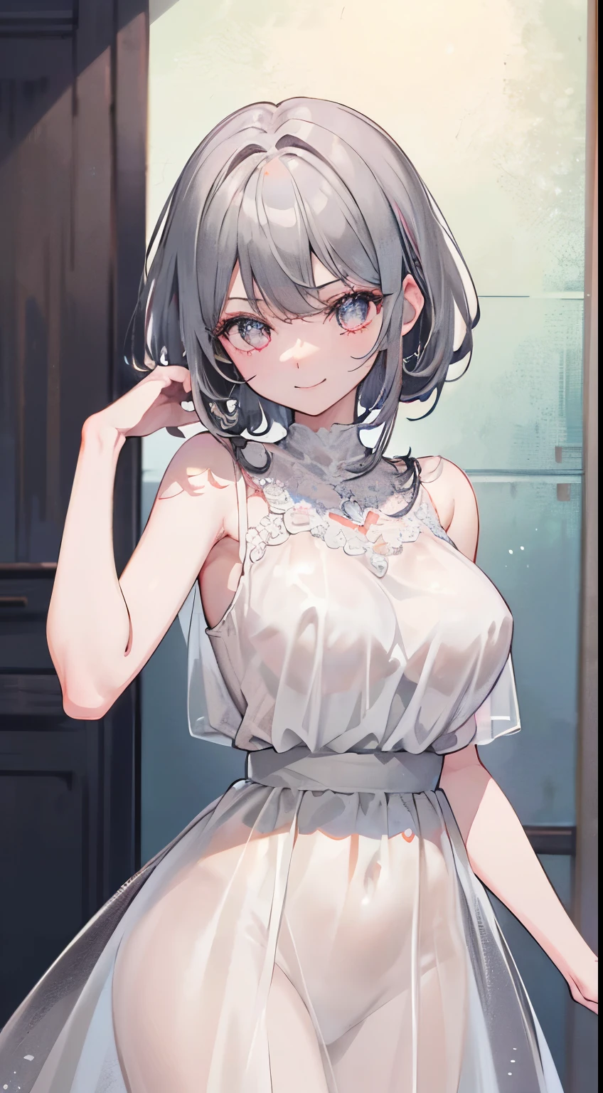 18 year old beautiful girl, pink big eyes,  Petite and slender、slightly large breast, ((gray hair,)),(Loose fluffy short braided hair), in 8K, of the highest quality, (Highly detailed head: 1.0), (Very detailed face: 1.0), (very detail hair: 1.0),(Revealing see-through dress), Detailed official artwork, anime moe art style, clean detailed anime art, Cool smile