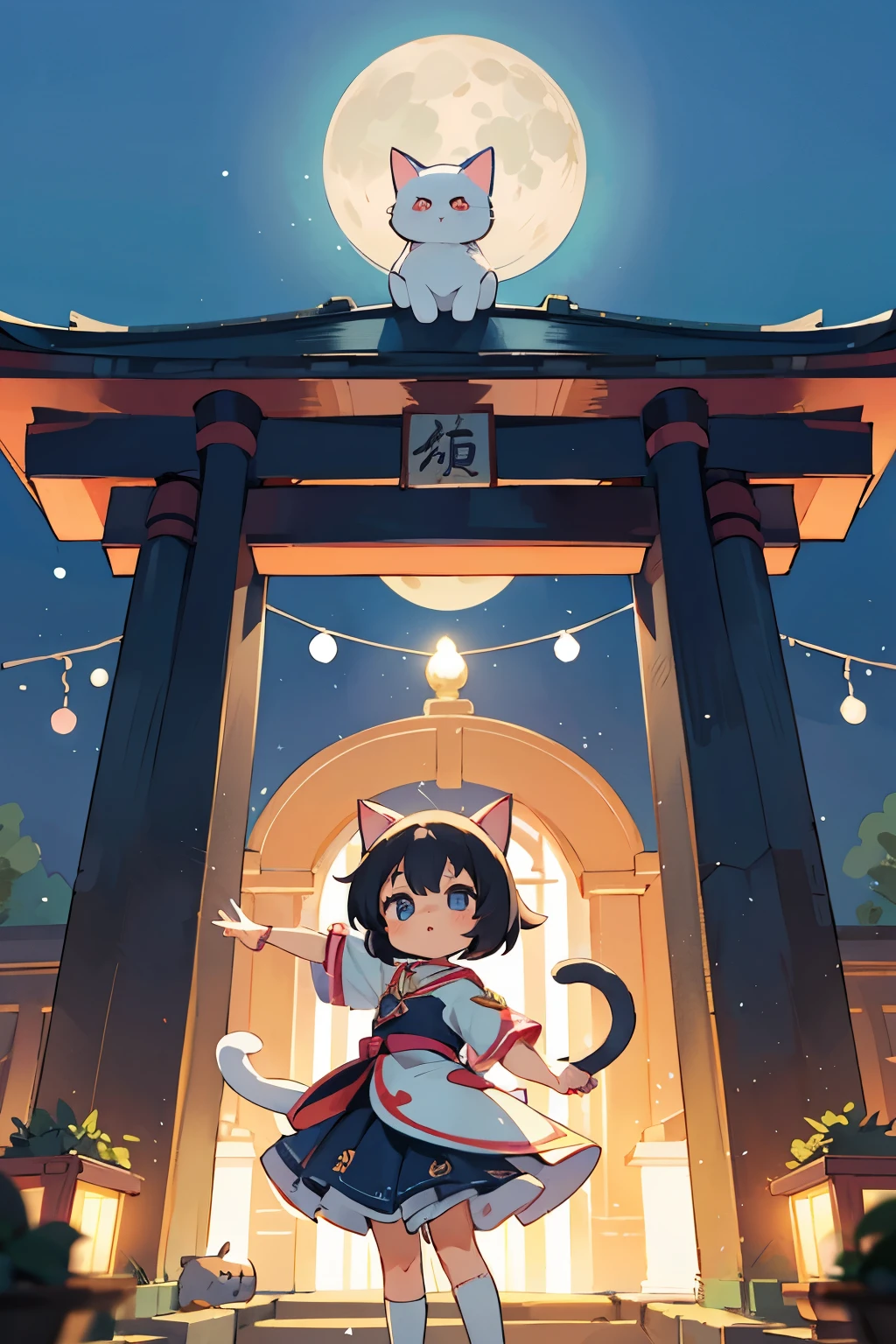 Octane Render、(Hyper-detailing: 1.15)、(Soft light、sharp: 1.2)、A girl takes a commemorative photo in a cute pose、1 moon、shrines、Crowds、cat dance、手链