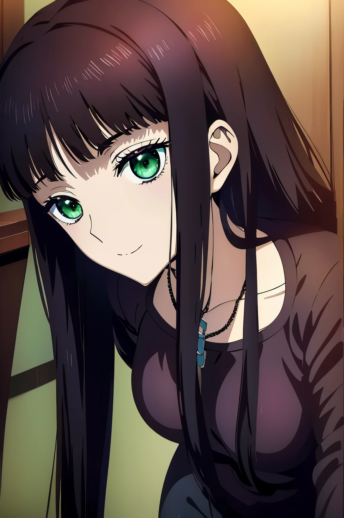 Anime Girl with long black hair and green eyes posing for a picture, beautiful anime high school girl, Anime Best Girl, Anime visuals of cute girls, close up iwakura lain, (Anime Girl), anime moe art style, pretty Anime Girl, Smooth Anime CG Art, iwakura lain, beautiful Anime Girl, seductive Anime Girl, Hinata Hyuga,bustshot,