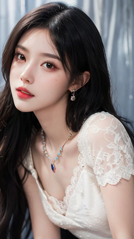 8K, masutepiece, 1 girl, Beautiful face, White skin, Very long hair, Light makeup, Detailed eyes, Detailed lips, small breasts are tight, realistic detailed, white highly detailed dress, princess dress rack dress:1.2), (Wearing jewelry:1.5), (Lace:1.4), ((Stage Background)), Engaging pose,full bodyesbian