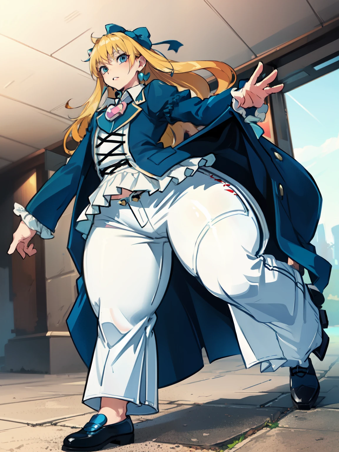 (hyper extreme detailed),(masterpeace),(hyper extreme),(photorealistic),CG,llustration,novel illustration,  Princess_Cologne as A Bishounen, ((Male body:1.3)), Bishounen, Handsome, Formal blue suit, ((White pants:1.7)), blue bows, Frills, SFW:1.2, Bottom heavy, ((Thick thighs)), ((Wide Hips)),assLong blonde hair