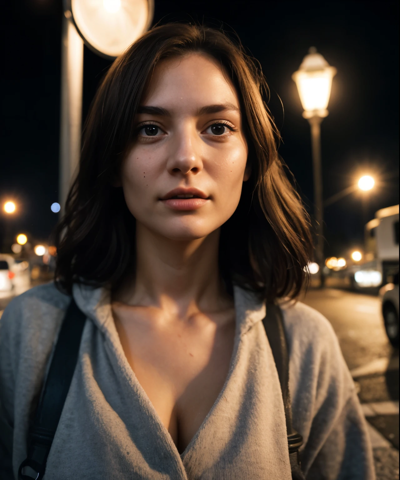 closeup of a woman, city street, nighttime, streetlight, asphalt