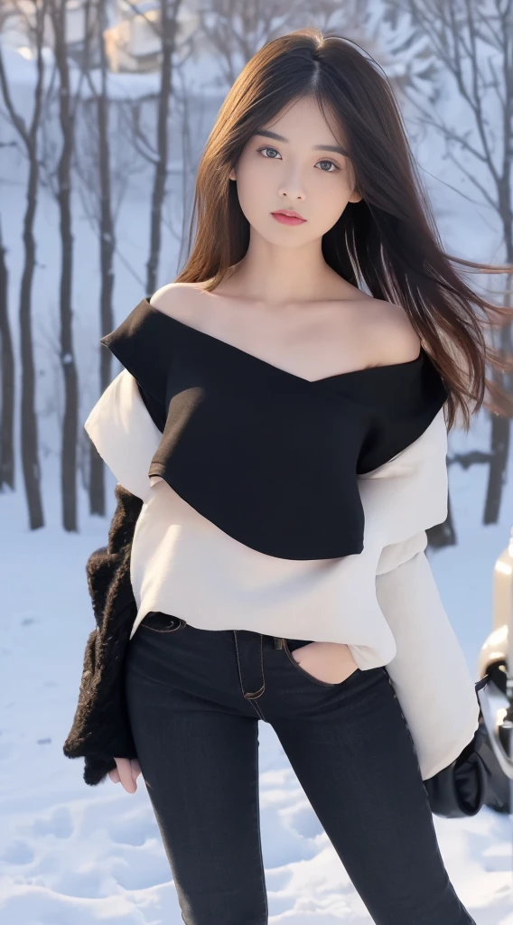 ((Best Quality, 8k, Masterpiece: 1.3)), Focus: 1.2, Perfect Body Beauty: 1.4, Buttocks: 1.2, ((Layered Haircut, Flat Chest: 1.2)), black bandeau, light black skinny jeans, Highly detailed face and skin texture, Delicate eyes, Snow-white skin, Long hair, Full body