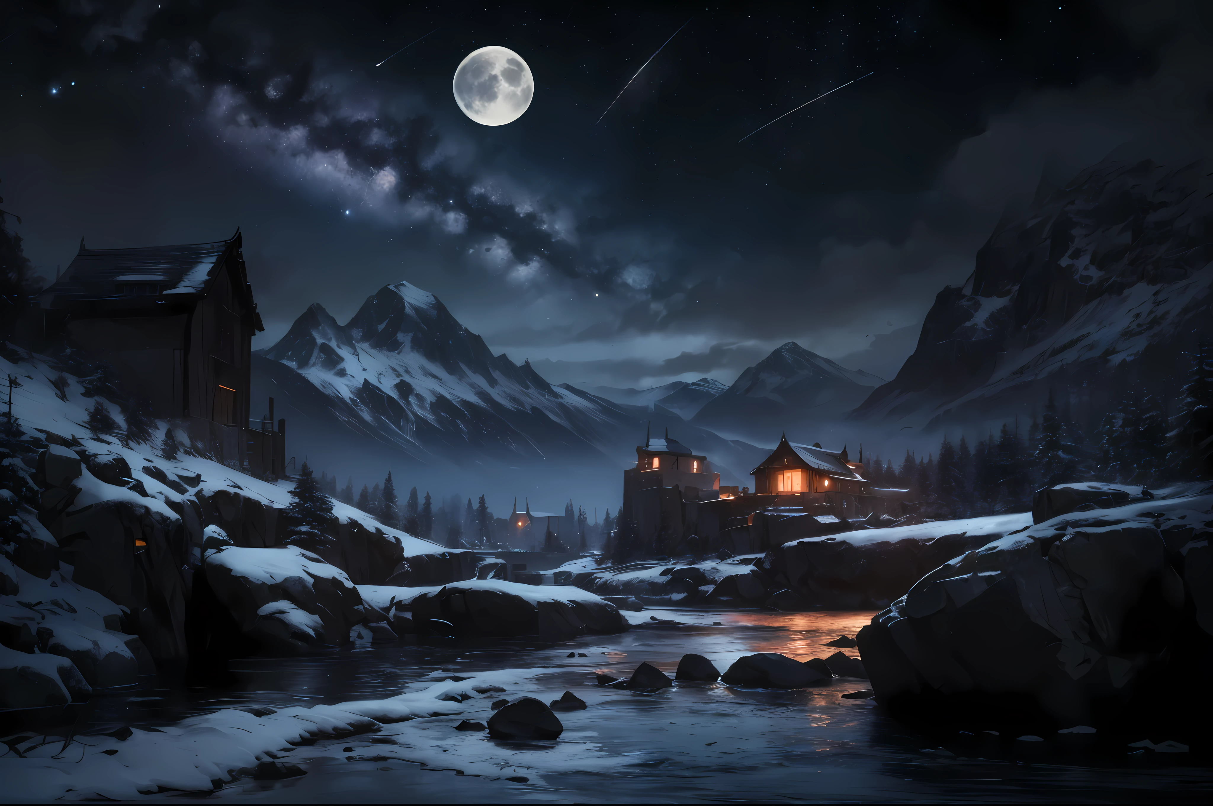 Vast Landscape Photo (view from bottom, which shows the sky above and the rocks below), Fortress at the top (full moon: 1,2), (Shooting stars: 0,9), (nebula: 1,3), A Distant Mountain ,(Cold light source:1.2), Lonely Mountain, Snow-capped mountains, voluminous lighting, реализм BREAK (tmasterpiece:1.2), (beste-Qualit), 4k, Ultra-detailed, (Dynamic composition: 1.4), Detailed, colorful details, (Cool Color Scheme: 1.2), (Glowing Lighting, Ambiance Lighting), dreamy, elvish, (独奏: 1.2)