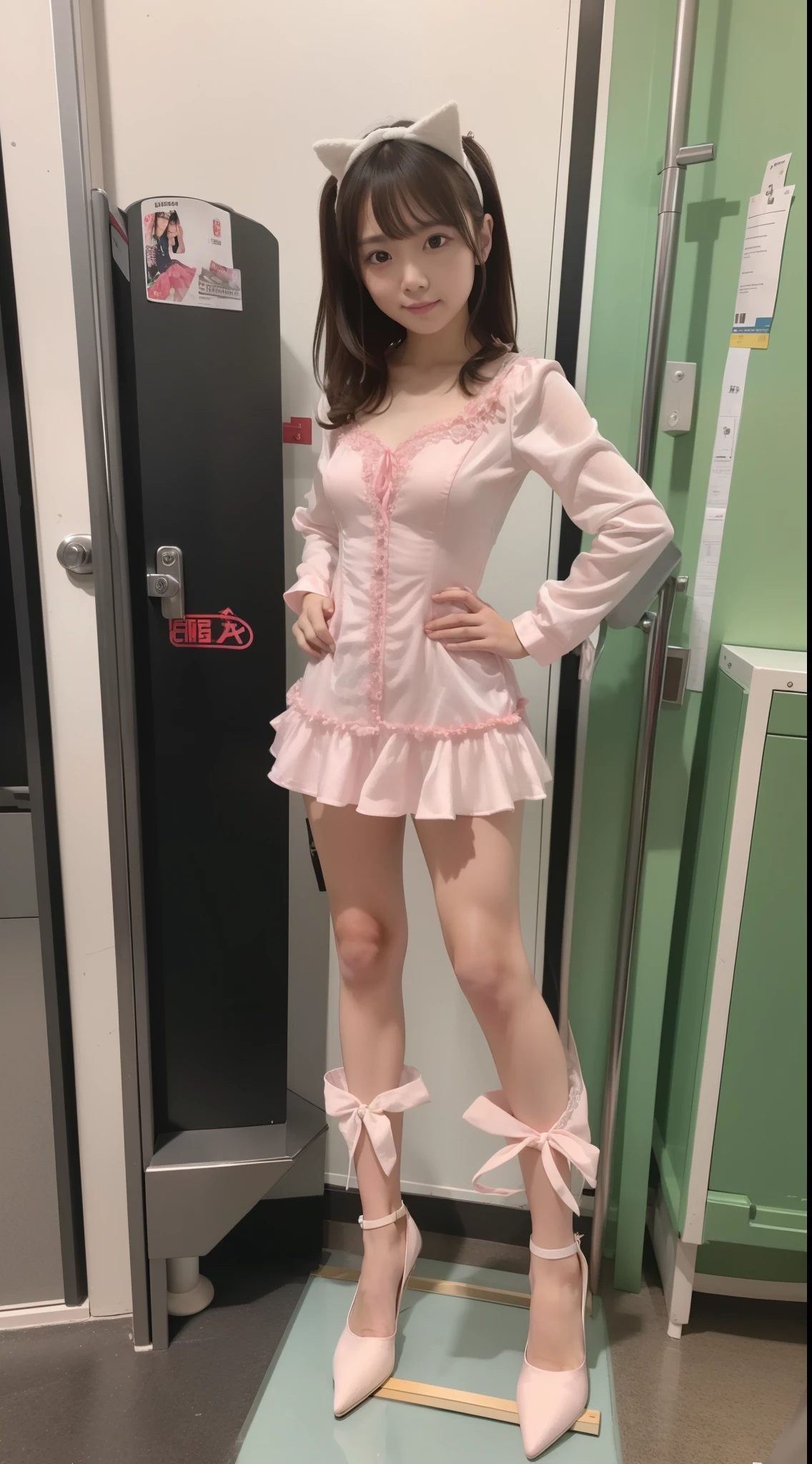 of the highest quality, Idol with slender body, front facing, Well-proportioned body, Exhibited, Event Hall, Moe Pose, pink satin ta dress, Standing with legs open, Hands on hips, Model body type