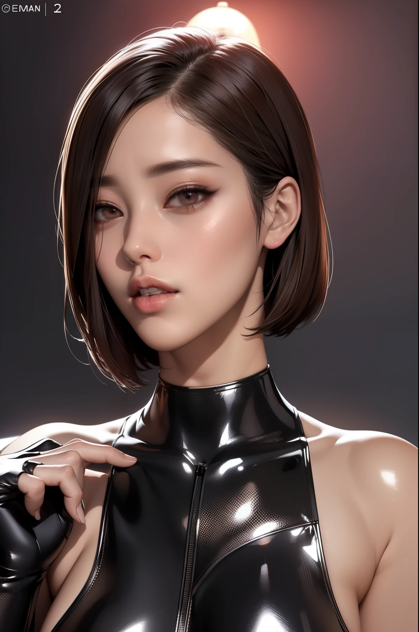 K-pop idols wearing slutty clothes,(((tmasterpiece))), ((Best quality at best)), ((Complex and detailed)), ((hyper realisitc)), Ridiculous resources, , Mature woman, ssee-through, The content is very detailed, lamplight, 1 Sister, (()), perfect hand, detailed finger, 美丽细致lewd eyes, Short hair details, with brown eye,(high-necked:1.2), tightsuit, detailedbackground, choker necklace, 完美lewd eyes, lewd eyes, looking at viewert, From the front,
