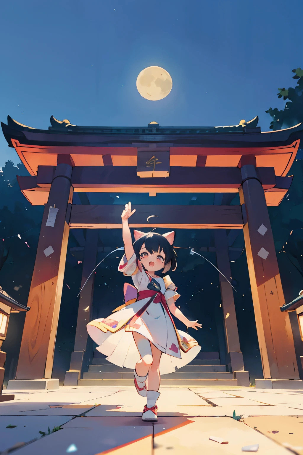 Octane Render、(Hyper-detailing: 1.15)、(Soft light、sharp: 1.2)、A girl takes a commemorative photo in a cute pose、1 moon、shrines、Crowds、cat dance、手链