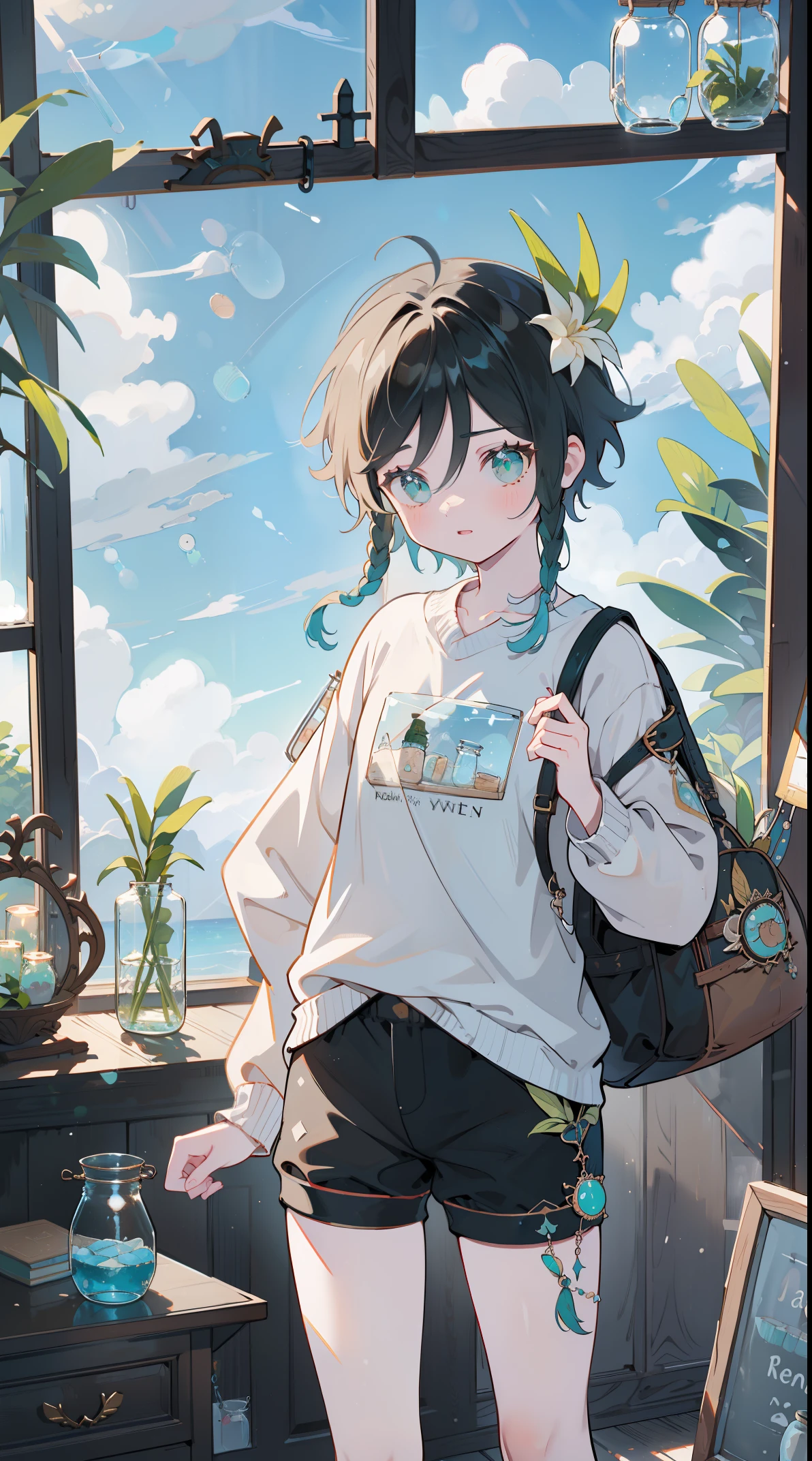 （（（（（（inside jar））））））、A boy with, ((full bodyesbian)), Wendi (genshin impact),brunette color hair, Green eyes, ((((Packed in jars))))、adolable、最small, small, A piece of,(((Packed in jars))), (Eau, Eau泡)