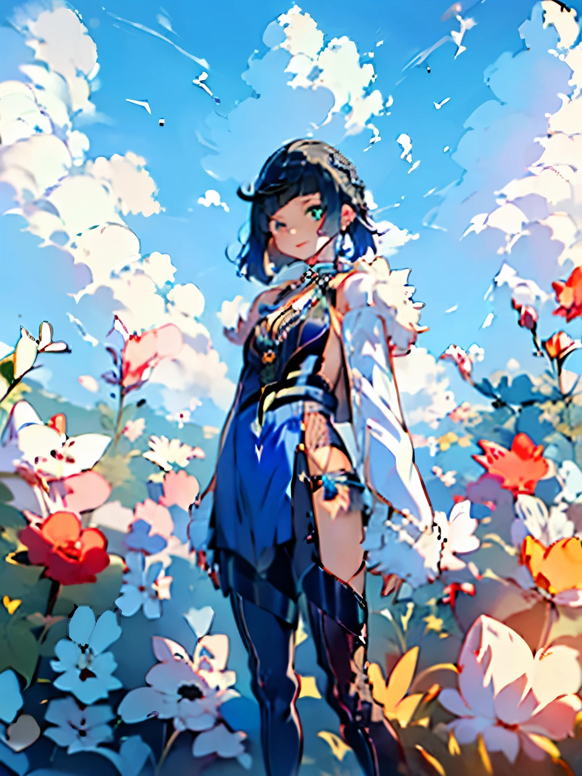 1girl, yelan, genshin impact, short hair with black and dark blue hair with assymetrical bangs that are lighter at the tips, eyes color is light emerald-green, tall female, pale skin tone, dress isblue qipao-like overcoat and a dark bodysuit embellished with silver detail and white bracelets on her arms and a number of chokers and necklaces around her neck from which a charm resembling a die hangs, using white coat hanging from the back of her outfit and thigh-high boots that leave a part of her thigh exposed where her Hydro Vision is attached and a pair of white blue-tipped earrings resembling teardrops, smile while braking expression and she holding a couple of flowers, sunset, flower field