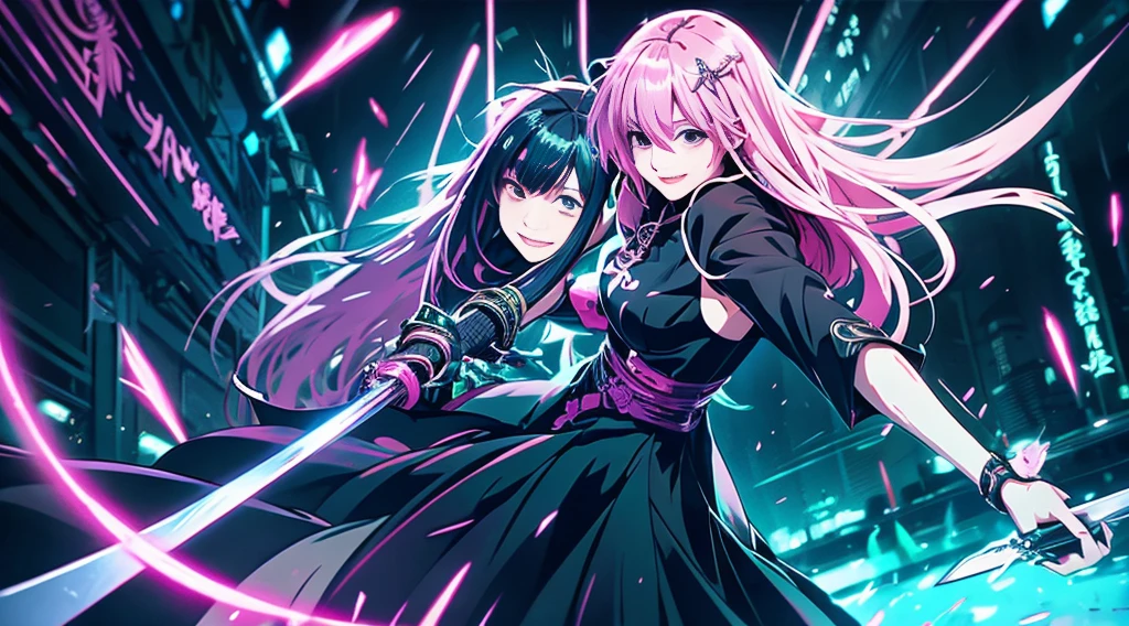 The upper part of the body、Anime style、Cyberpunk style、There is a sense of dynamism in the movement、wearing a long black dress、One beautiful woman with bright pink hair and a smile、holding two swords in hand、Dark interior with blue-green tones、pc wallpaper
