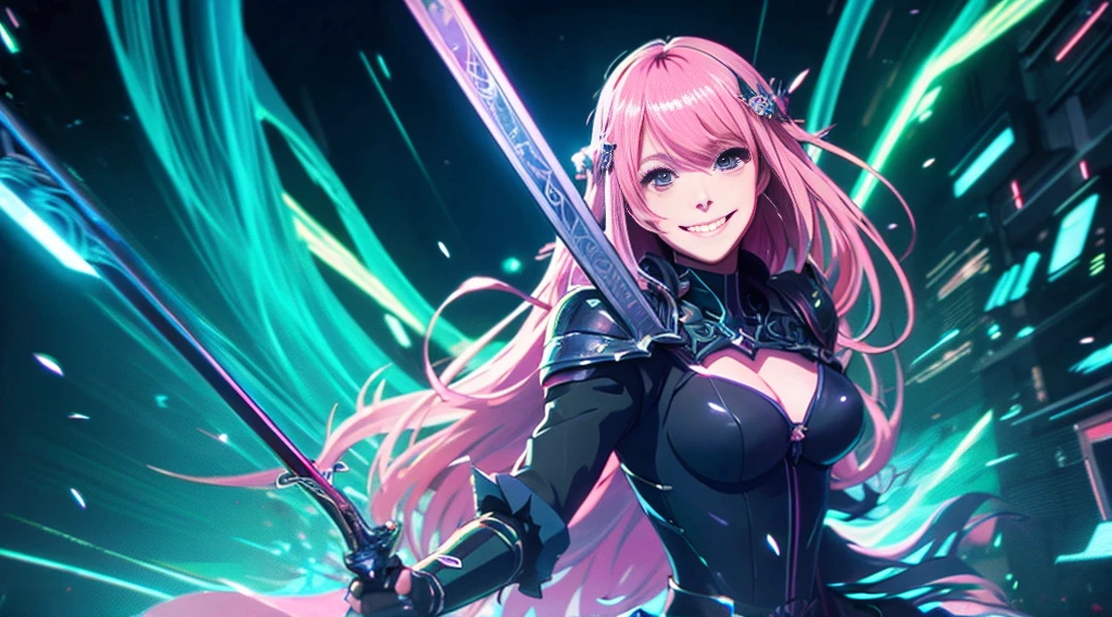 The upper part of the body、Anime style、Cyberpunk style、There is a sense of dynamism in the movement、wearing a long black dress、One beautiful woman with bright pink hair and a smile、holding two swords in hand、Dark interior with blue-green tones、pc wallpaper