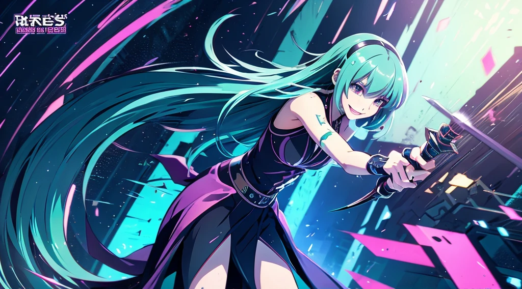 The upper part of the body、Anime style、Cyberpunk style、There is a sense of dynamism in the movement、wearing a long black dress、One beautiful woman with bright pink hair and a smile、holding two swords in hand、Dark interior with blue-green tones、pc wallpaper