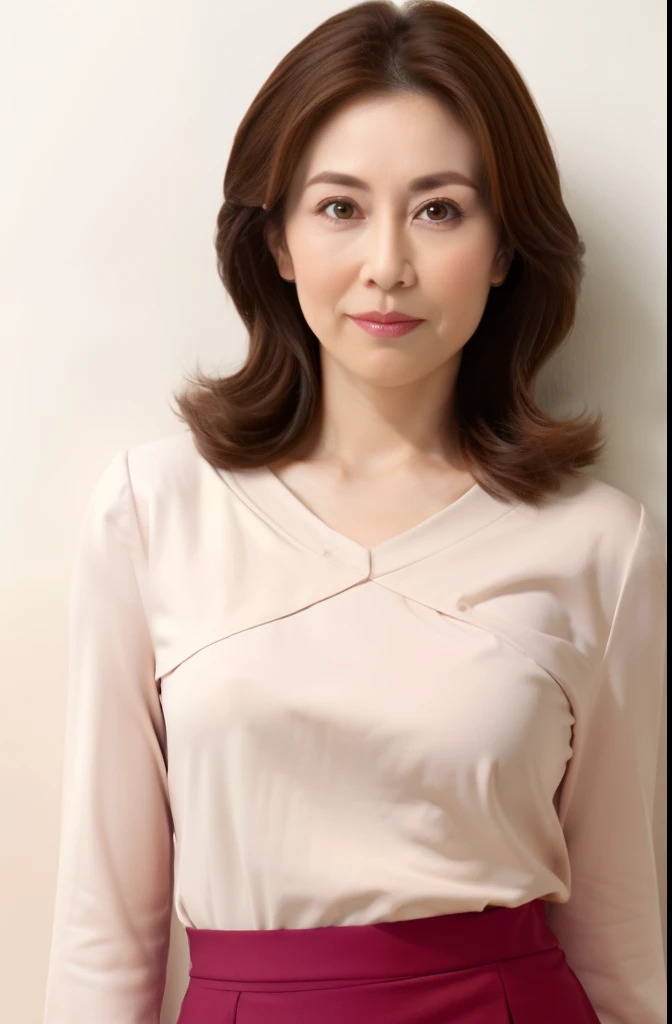 masuter piece, top-quality, masterpiece, hight resolution, Photorealsitic, sharp, Raw photography, 8k wallpaper, flawless, profetional lighting, ighly detailed, depth of fields,Pale solid color background, ((one beautiful women, japanese mature)), (20yr old)), Female sexy, Detailed face, beautidful eyes, bangss, small breasts of good shape, Light Brown Straight Hair, Faint lips, ((standing at front、Staring at the viewer, serious face eyes.)), Sweaters, skirt by the, fully body photo, cowboy shot