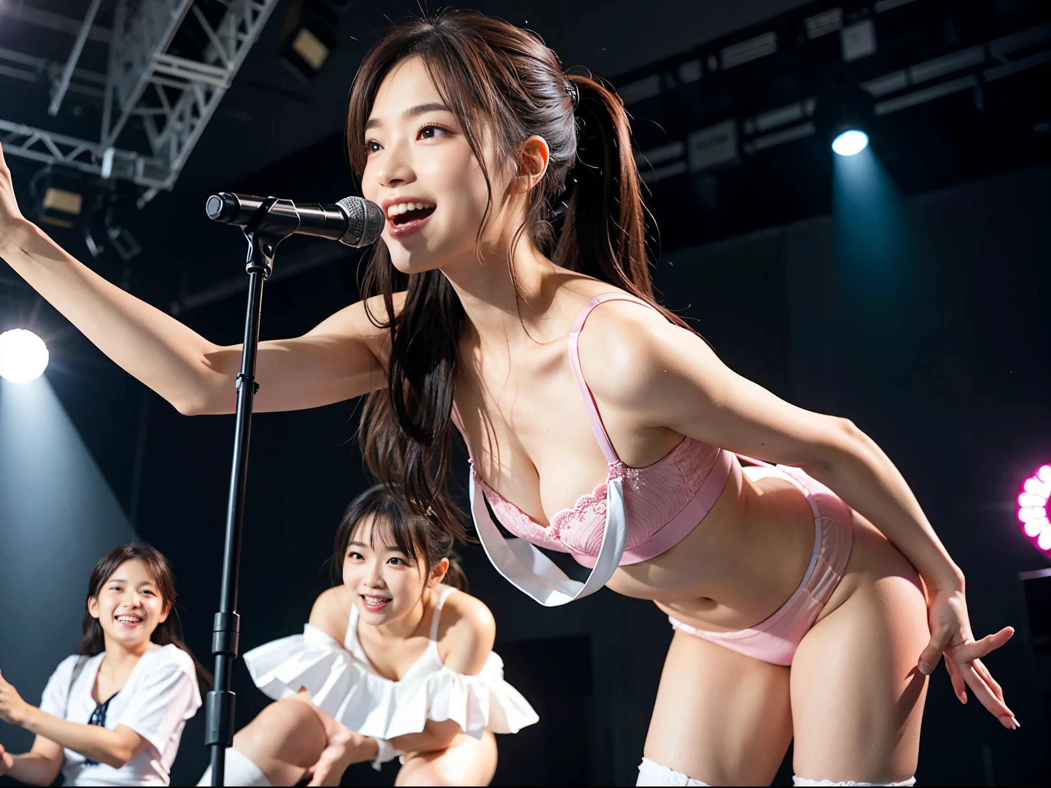 ​masterpiece, top-quality、Raw foto, Photorealsitic、Female up to 15 years old、Idol on stage、A smile 、Lick the microphone、pink shiny underwear、Twin-tailed、long boots、Smaller chest、frombelow、unbelievable Ridiculous、depth of fields, hight resolution, ultra-detailliert, foco nítido, Cinematic lighting、Add highlights to the eyes