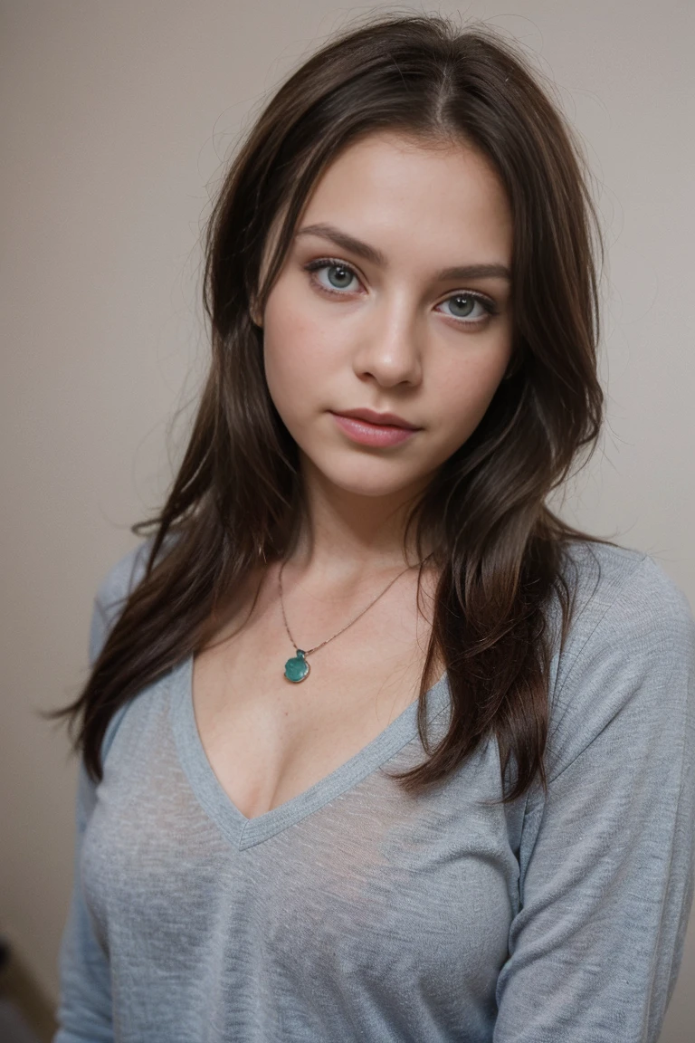 (Please generate an image of a young woman wearing a shirt and necklace. She has brown hair, bigger, eBlue eyes, and a subtle, natural makeup. The photo should show that she has no obvious makeup, She should look directly into the camera. The face should look real and natural. Full body shots of this attractive woman should feature eye-catching poses, She has sharp blue eyes. The girl has a sweet temperament, And the posture should be sweet too. Please make sure the woman's entire body is visible in the image. The background should be clear、Neatness. The details of the image should be of high quality(Best quality at best)), ((tmasterpiece)), (Detailed pubic hair), s the perfect face
