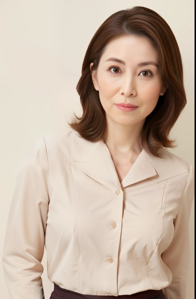masuter piece, top-quality, masterpiece, hight resolution, Photorealsitic, sharp, Raw photography, 8k wallpaper, flawless, profetional lighting, ighly detailed, depth of fields,Pale solid color background, ((one beautiful women, japanese mature)), (20yr old)), Female sexy, Detailed face, beautidful eyes, bangss, small breasts of good shape, Light Brown Straight Hair, Faint lips, ((standing at front、Staring at the viewer, serious face eyes.)), Sweaters, skirt by the, fully body photo, cowboy shot