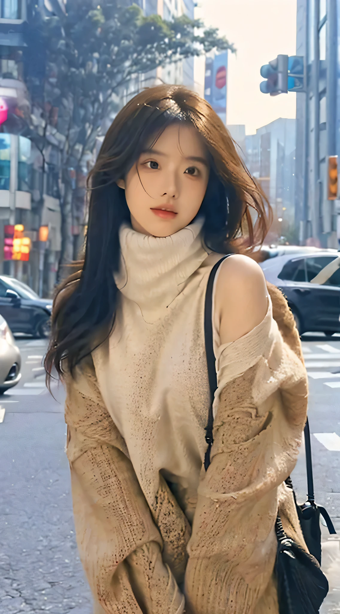 (Colossal tits、high-necksweater、shoulder bags)、(quality,tmasterpiece:1.3,超高分辨率,),(ultra - detailed,Caustics),(真实感:1.4,RAW shooting,)Hyper-realistic capture,A very detailed article,HD 16K human skin、 Natural skin texture、、The skin looks healthy、Evens skin tone、 Use natural light and color,A woman is,,,kawaii,A brunette one,mid hair,(depth of fields、color difference、、Wide range of lighting、naturalshadow、)、(Hair swaying in the wind:1.2)、Streets of Tokyo