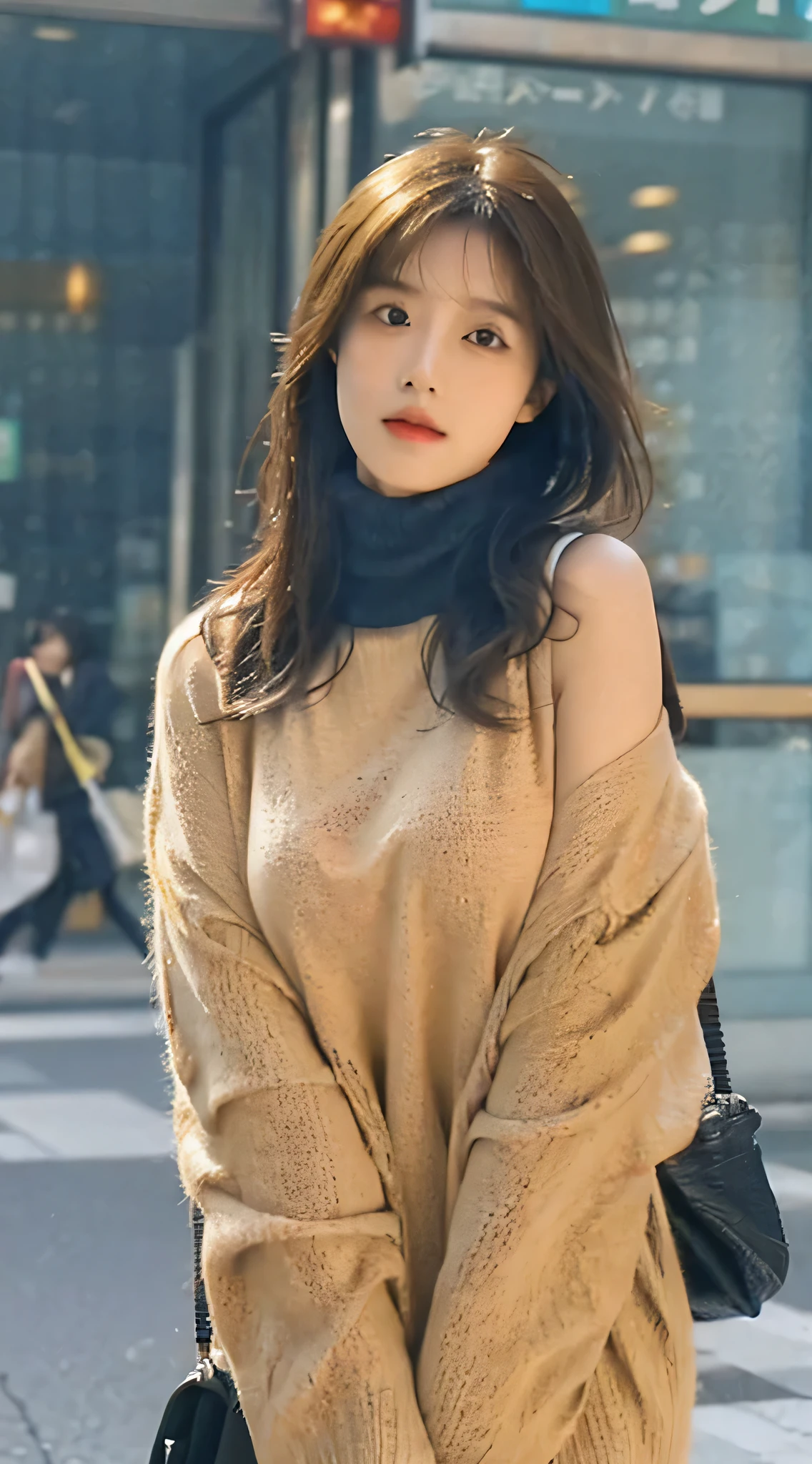(Colossal tits、high-necksweater、shoulder bags)、(quality,tmasterpiece:1.3,超高分辨率,),(ultra - detailed,Caustics),(真实感:1.4,RAW shooting,)Hyper-realistic capture,A very detailed article,HD 16K human skin、 Natural skin texture、、The skin looks healthy、Evens skin tone、 Use natural light and color,A woman is,,,kawaii,A brunette one,mid hair,(depth of fields、color difference、、Wide range of lighting、naturalshadow、)、(Hair swaying in the wind:1.2)、Streets of Tokyo