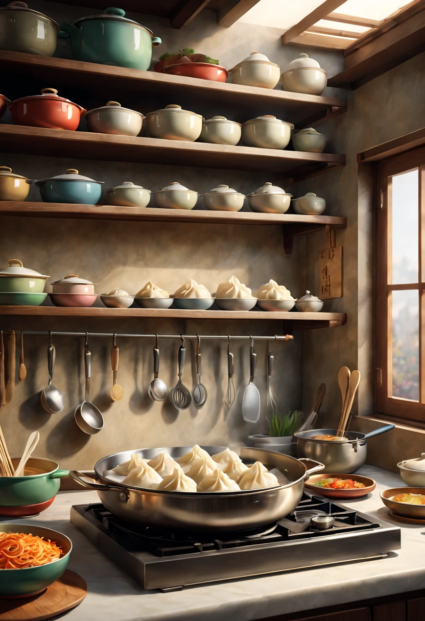 (best qualtiy,3D,super-fine,physically-based renderingt),in a kitchen,A lovely dumpling,Drawn in Pixar style,rich colourful,Vivid expressions,Playful and friendly personality,Delicate and realistic textures,Dynamic and charming poses,Shiny stainless steel cookware,Various cooking utensils such as knives and cutting boards,Traditional Chinese kitchen utensils displayed on shelves,Soft golden light pours in from the windows,Image quality is critical,Ensure the final product has the highest resolution and realism。The work combines elements of traditional Chinese painting and modern digital art technology,Developed a unique and charming style。The color palette is rich and vibrant,Harmonious blend of warm and cold tones。The lighting in the scene highlights the beauty of the dumpling character,Casts subtle shadows and highlights,Enhanced three-dimensional effect。