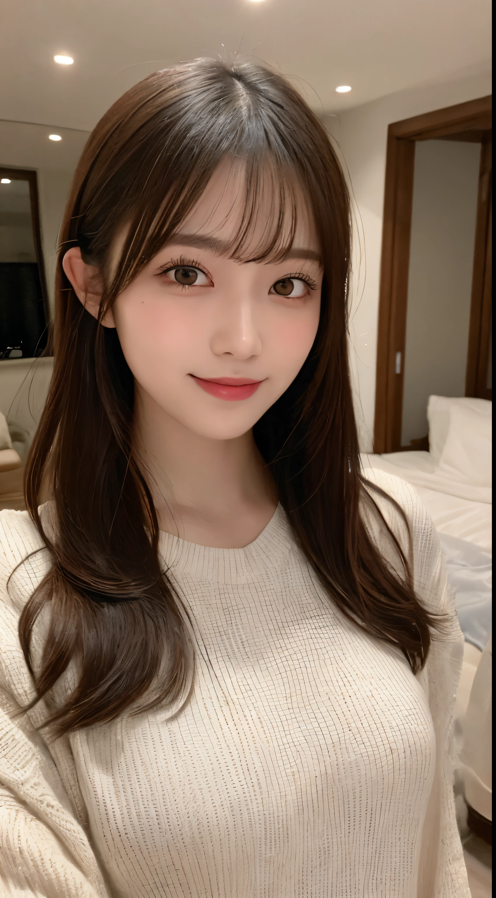 masutepiece, Best Quality, Illustration, Ultra-detailed, finely detail, hight resolution, 8K Wallpaper, Perfect dynamic composition, Beautiful detailed eyes, Navy fluffy winter clothes,straight haired,small tits、Natural Color Lip, Bold sexy poses,Smile,luxury house room、20 years girl、Cute、Sexy shot looking at camera,Ultra-realistic raw photos,Night outside