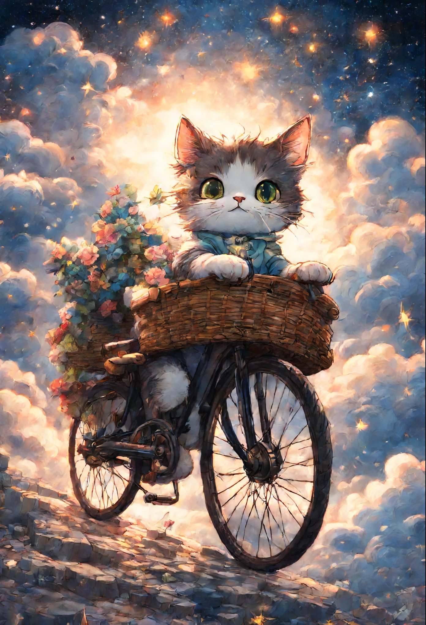 ultra detailed digital art, style of Hayao Miyazaki, full-length close-up, Cute funny kitten,  rides down the street on a bicycle, colorful anime style, set against a backdrop of Van Gogh-inspired starry sky, billowing clouds, elements of cute yet mysteriously details on a texture resembling cracked paper, all combined in a cinematic, ultra highly detailed mail