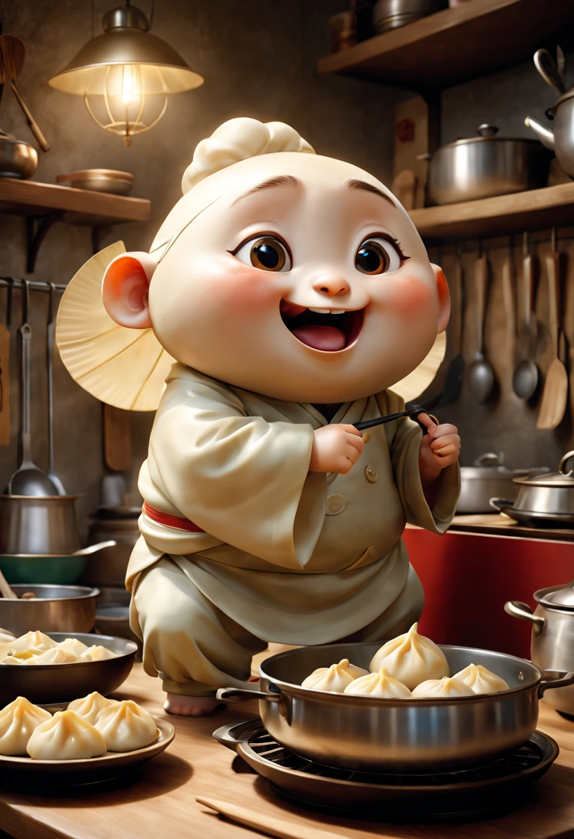 (Best quality, 3D, ultra fine, physics based rendering) In the kitchen, A cute anthropomorphic dumpling is depicted in Pixar style, rich and colorful, vivid expressions, mischievous and friendly personality, delicate and realistic textures, dynamic and charming postures, shiny stainless steel cookware, knives and cutting boards, and various traditional Chinese cookware displayed on the shelves. Soft golden lights pour from the window, Image quality is crucial to ensure that the final product has the highest resolution and realism. This work combines traditional Chinese painting elements with modern digital art techniques, forming a unique and charming style. The color palette is rich and vibrant, harmoniously blending warm and cold tones. The lighting in the scene highlights the beauty of the dumpling character, casting subtle shadows and highlights, enhancing the three-dimensional effect.