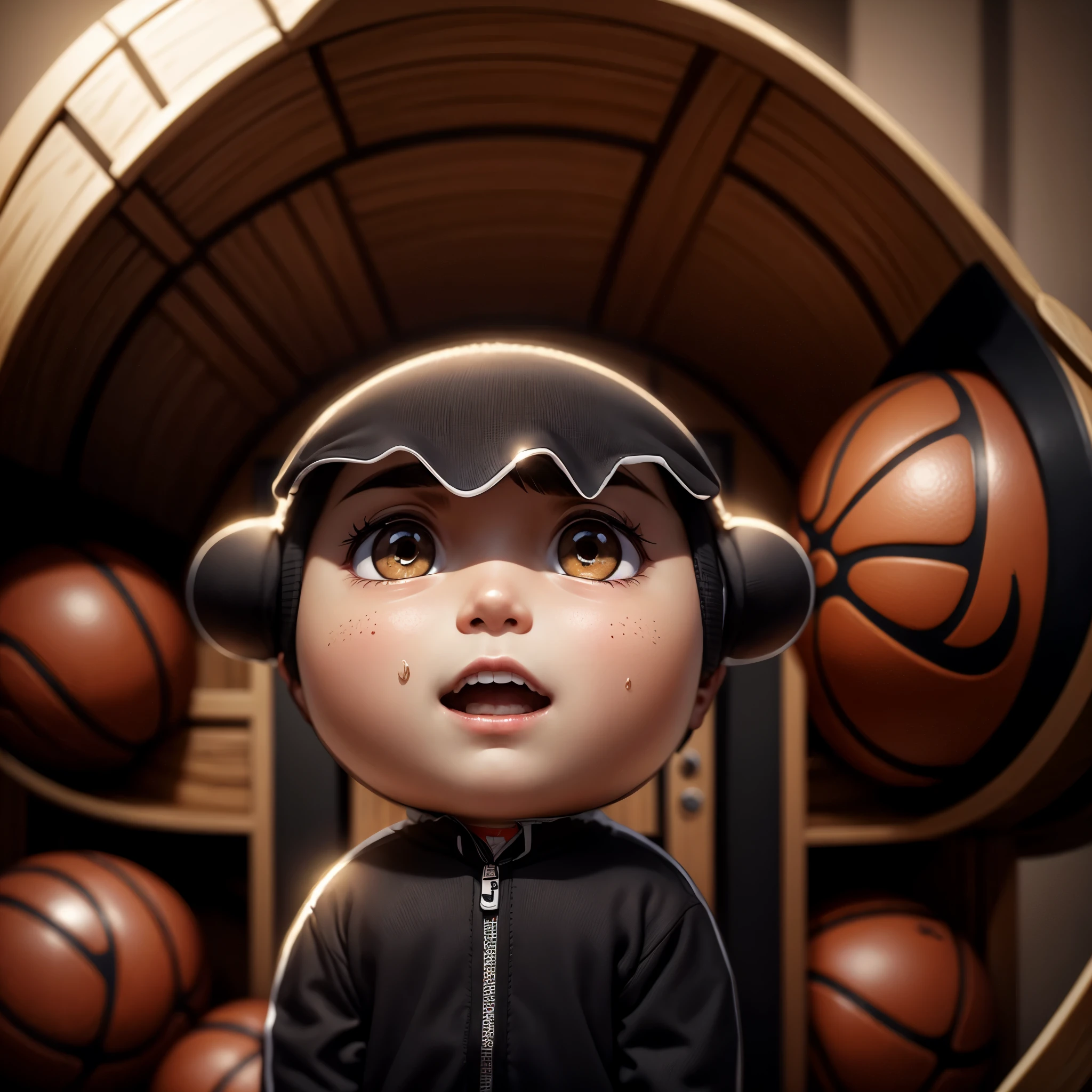 masterpiece、quality、ultra - detailed、(《tchibi》Character boy:1.2),basketball suit,jersey21,basketball dribbling,vibrancy,gym room,The audience cheered