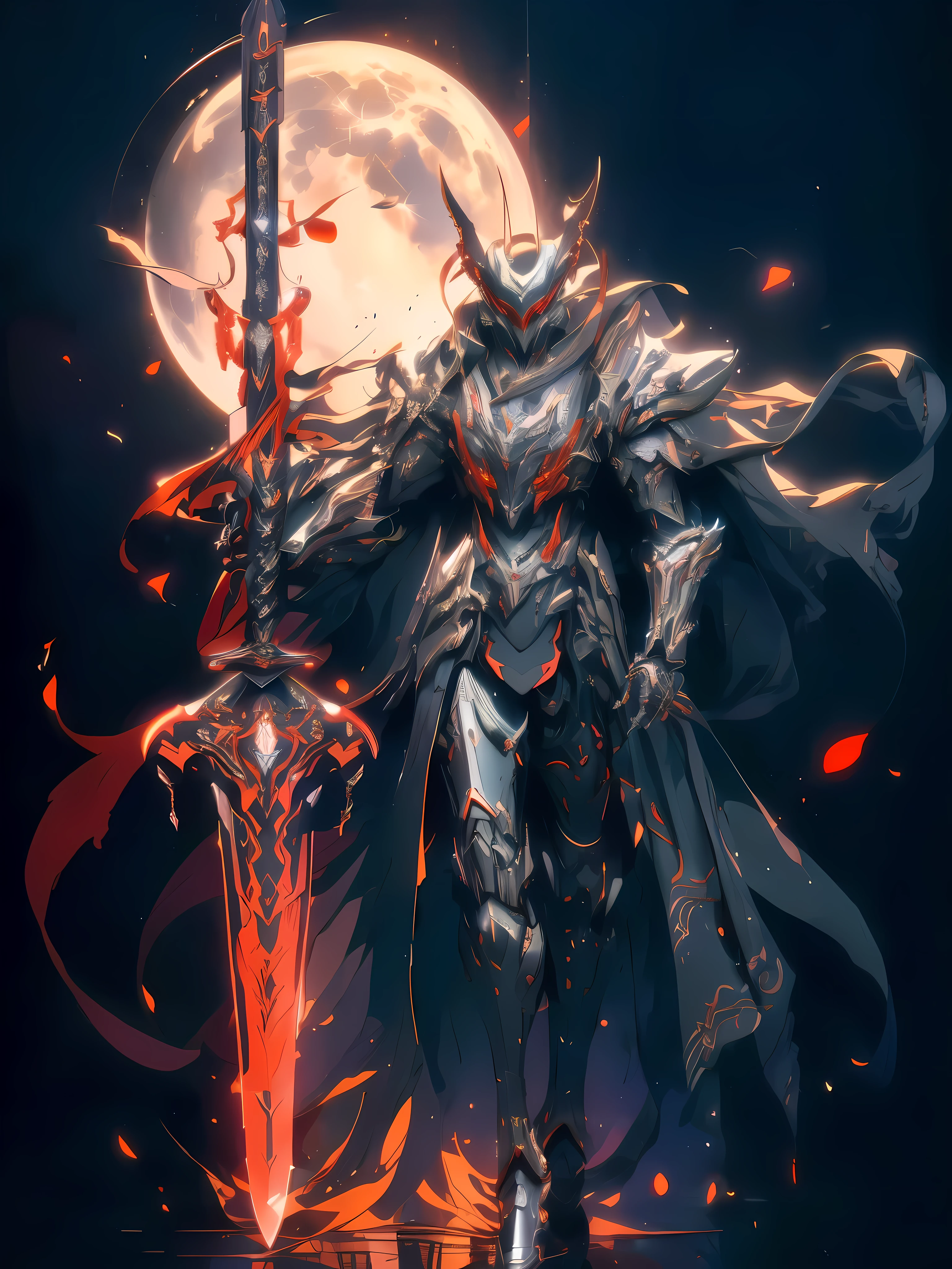 Anime characters wearing a red cloak and sword before the full moon, Badass anime 8 K, high quality warframe fanart, exquisite warframe fanart, Anime epic artwork, Anime art wallpaper 4 K, Anime art wallpaper 4k, anime mecha aesthetic, Onmyoji detailed art, detailed warframe fanart, High quality digital concept art, Dragon Knight, Red armor, (solo)