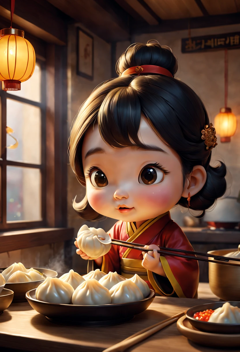 A 9 year old girl in a black Qipao in a restaurant.