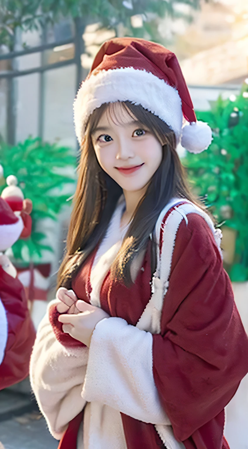 3girl,The face is the mistress、Santa hat、Santa Claus costume、exceedingly、、high high quality、Surreal、wholesome、grinning smile、Slim perfect figure、Japanese beauties have perfect eyes、Picture quality、Beautiful skins、Christmas tree、Market decorated with Christmas lights、