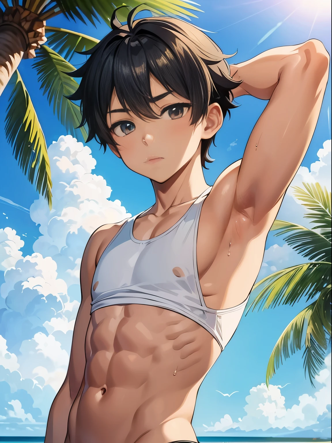 Anime style,Summer sky、Into the cloud、1boy,**********, hansome boy, cute face, adorable boy, beach, coconut tree, Cheerful boy。Tank Top, Black skin, body only, Shirtless, Topless, Bare chest, (show his armpit, focus on the armpit, shine closer to the armpit), boy focus