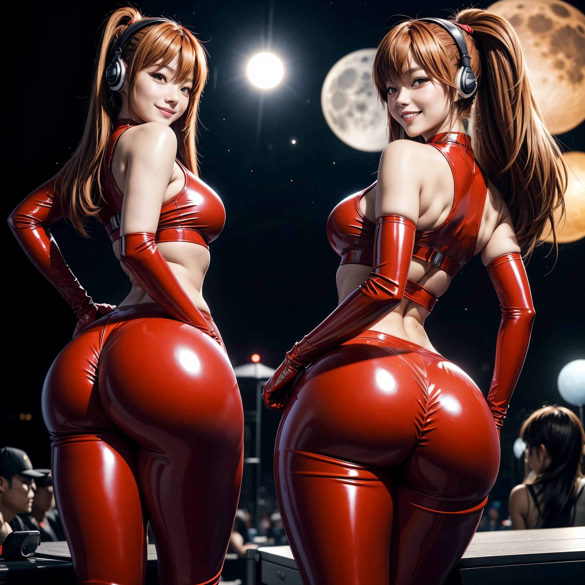 Asuka Langley Shikinami, curvy accentuated booty, huge ass, slim thick, small waist, red latex tight pants, smiling, headphones, at a music festival, at the moon, 8k, highres, ultra-detailed, realistic, portraits, vivid colors, studio lighting, HDR, sharp focus, physically-based rendering, bokeh.