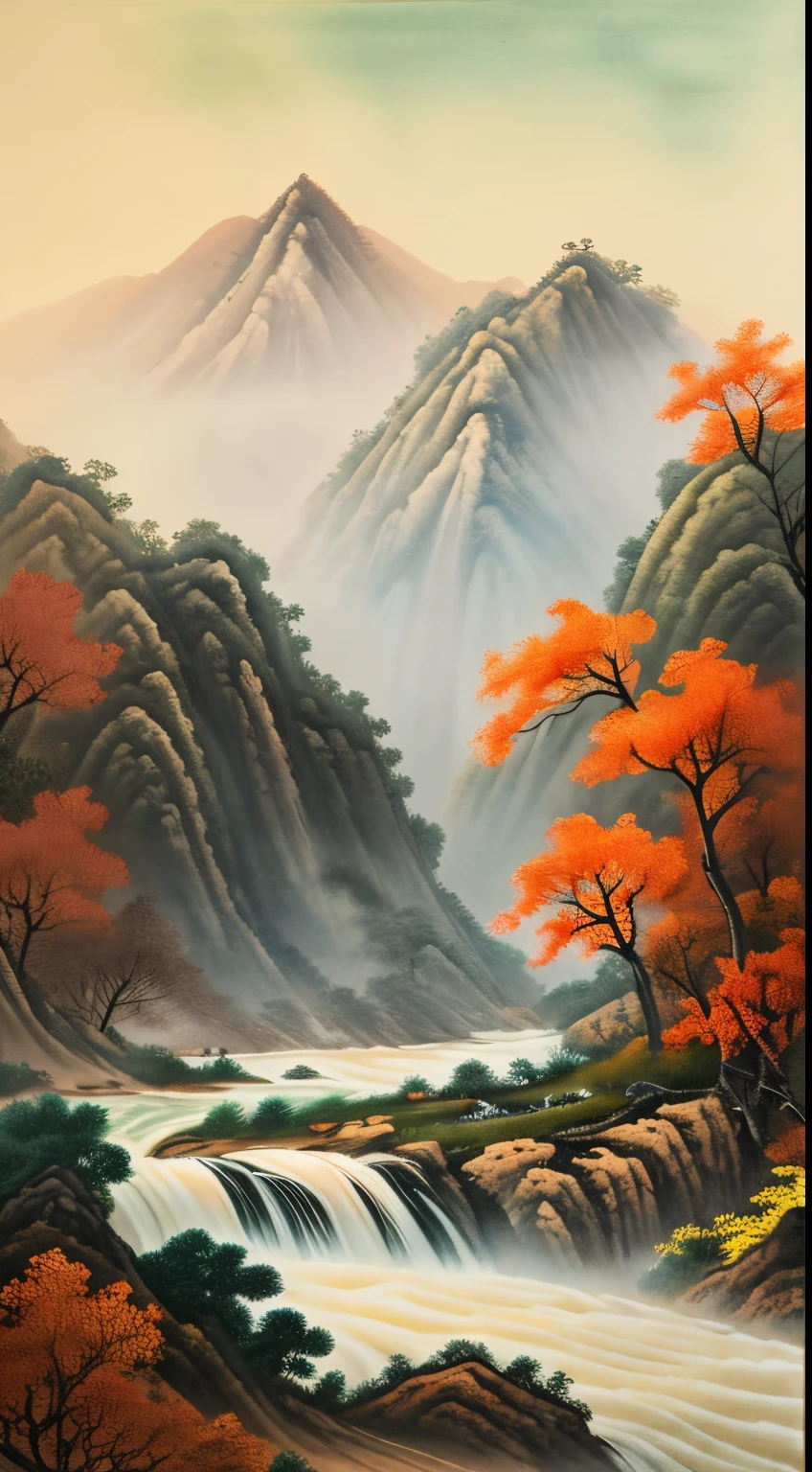Xu Beihong国画,Ink painting and watercolor,Horse running in the field,Two horses,late autumn,fallen leaves scattered,Rushing rivers,The distant view is of rolling mountains and water.,sketch,(8k wallpaper),(Xu Beihong'Painting level),(tmasterpiece)