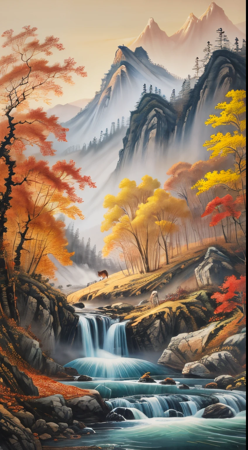 Xu Beihong traditional Chinese painting,ink and watercolor painting,Horse running in the field,Two horses,late autumn,Fallen leaves drift away,rushing river,The distant view is of rolling mountainive colors of ink,sketched,(8k wallpaper),(Xu Beihong's painting level),(tmasterpiece)