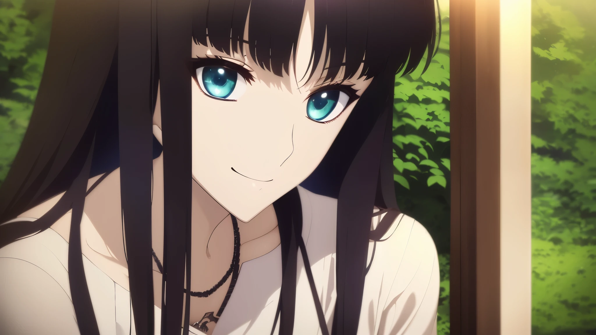 Anime girl with purple hair and green eyes looking at the camera, Fine details. girls' frontline, girls' frontline cg, today's featured anime still, closeup Iwakura Lain, from girls' frontline, anime movie screenshot, Still from TV anime, kurisu makise steins gate anime, still from anime, in the anime film, it has a piercing gaze,lightsmile,a smile,A slight smil,Seductive smile,ruins,is looking at the camera,face close up,