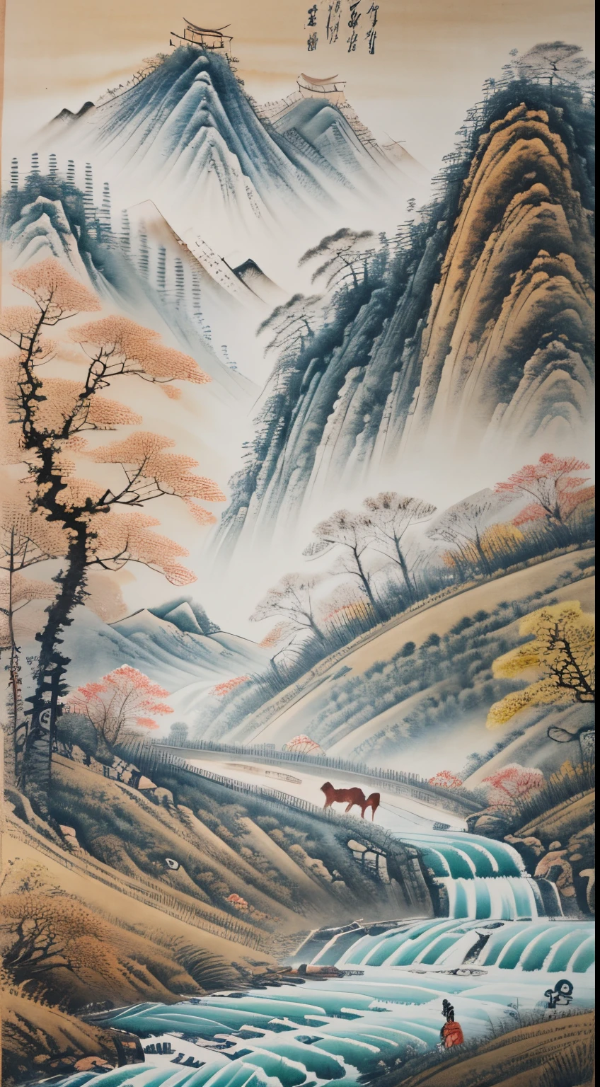 Xu Beihong traditional Chinese painting,ink and watercolor painting,(Horse running in the field:1.2),Two horses,late autumn,Fallen leaves drift away,rushing river,The distant view is of rolling mountainive colors of ink,sketched,(8k wallpaper),(Xu Beihong's painting level),(tmasterpiece)