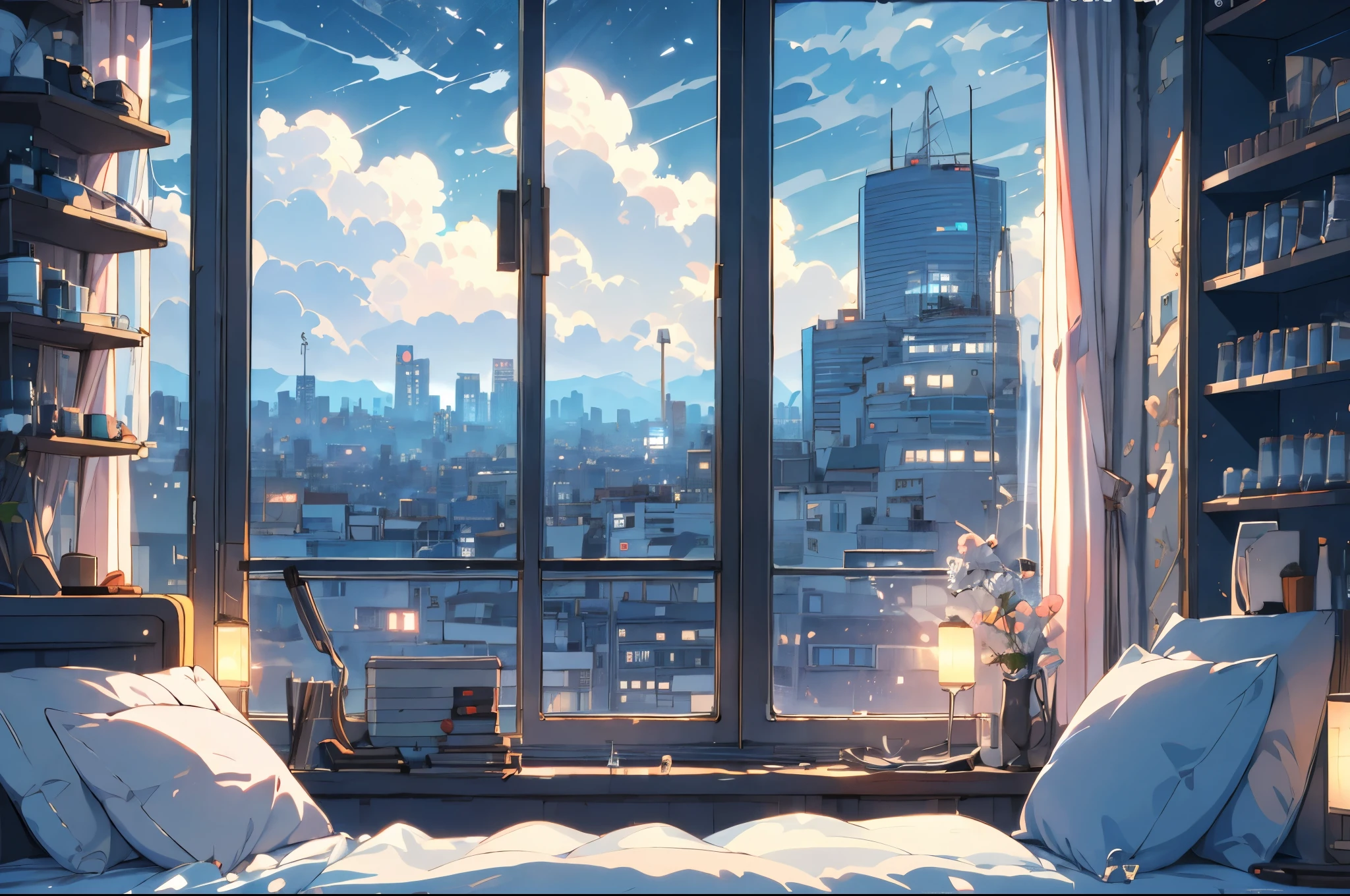 (masterpiece:1.2), best quality,PIXIV,cozy animation scenes,
scenery, cityscape, city, skyscraper, building, window, cloud, sky, food, indoors, computer, book, bed, table, clock, pillow, no humans, chair, cake, monitor, cup, plate, skyline, lying