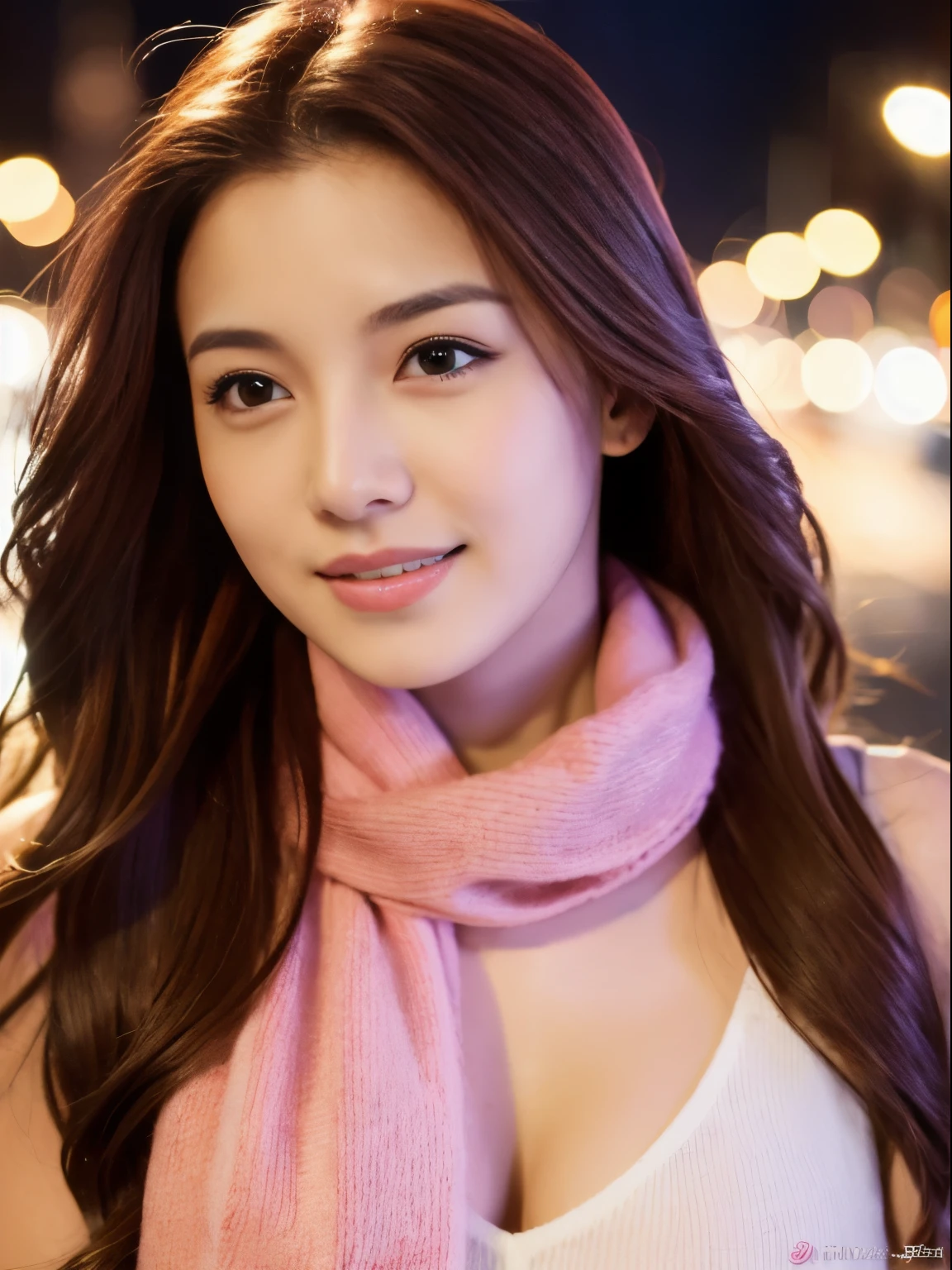 Ultra high-definition images,1girl in, maroon hair, Eyes are maroon,cleavage, Closed mouth, detailed face,Long hair, Looking at Viewer,Beautiful makeup, 美Lips, pink scarf, Portrait, Eye detail and realism, Lips, Smile, Solo, Upper body, watermarked, red dress shines,Background of bright boulevards in the city at night,