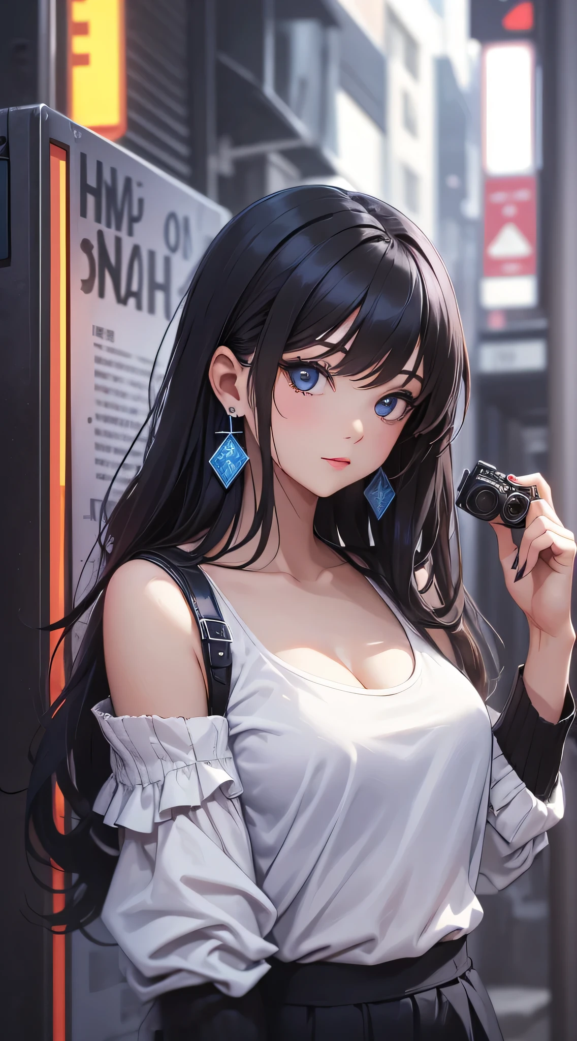 top-quality、Top image quality、​masterpiece、 girl((White shirt、Long black trousers、18year old、 Ager、Best Bust、big bast,Black eyes, Black hair、A slender,Large valleys、Not enough red lipstick eyeshadow、Cute earrings、銀の腕時計、sexypose、Bring your chest together、Stylish shoulder bag)),hiquality、Beautiful Art、Background with((white wall for photography、Multiple cameras、Shooting range))​masterpiece、depth of fields,Cinematic style