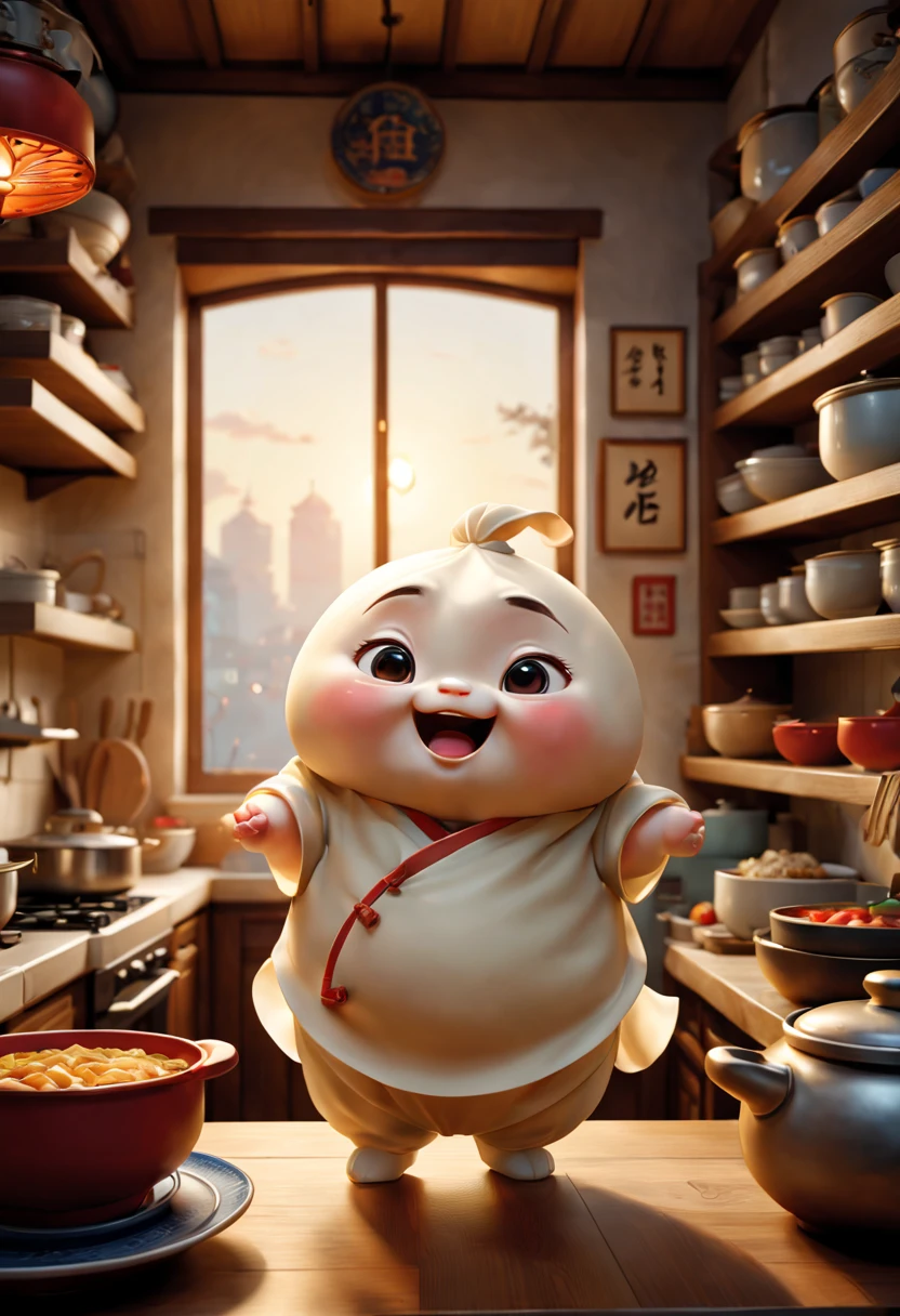 (Best quality, 3D, ultra fine, physics based rendering) In the kitchen, A cute anthropomorphic dumpling is depicted in Pixar style, rich and colorful, vivid expressions, mischievous and friendly personality, delicate and realistic textures, dynamic and charming postures, and various traditional Chinese cookware displayed on the shelves. Soft golden lights pour from the window, Image quality is crucial to ensure that the final product has the highest resolution and realism. This work combines traditional Chinese painting elements with modern digital art techniques, forming a unique and charming style. The color palette is rich and vibrant, harmoniously blending warm and cold tones. The lighting in the scene highlights the beauty of the dumpling character, casting subtle shadows and highlights, enhancing the three-dimensional effect.