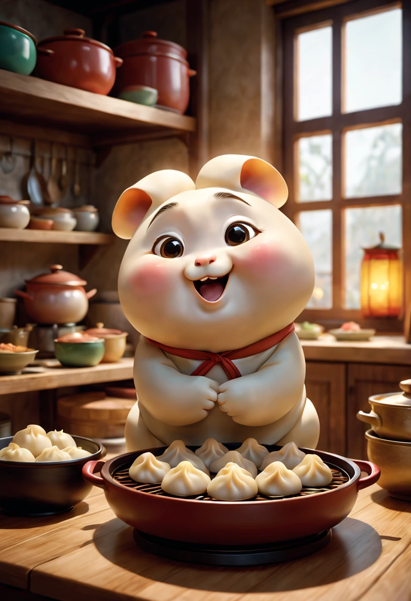(Best quality, 3D, ultra fine, physics based rendering) In the kitchen, A cute anthropomorphic dumpling is depicted in Pixar style, rich and colorful, vivid expressions, mischievous and friendly personality, delicate and realistic textures, dynamic and charming postures, and various traditional Chinese cookware displayed on the shelves. Soft golden lights pour from the window, Image quality is crucial to ensure that the final product has the highest resolution and realism. This work combines traditional Chinese painting elements with modern digital art techniques, forming a unique and charming style. The color palette is rich and vibrant, harmoniously blending warm and cold tones. The lighting in the scene highlights the beauty of the dumpling character, casting subtle shadows and highlights, enhancing the three-dimensional effect.