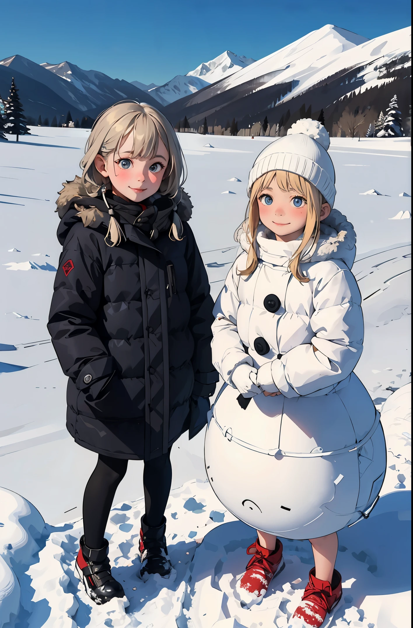 Perfect picture,,(Two Girls){girls in down coats}{Russians,mountain covered with snow}(make a snowman){Beautiful }{hedonism},{Powder snow,kou},8 years old girl,4K picture quality, Cinematic,,{Gamine},{small body and chest,} Longhaire,a blond,cute expression,face perfect,｛girl showing a smile｝(Full body photo)